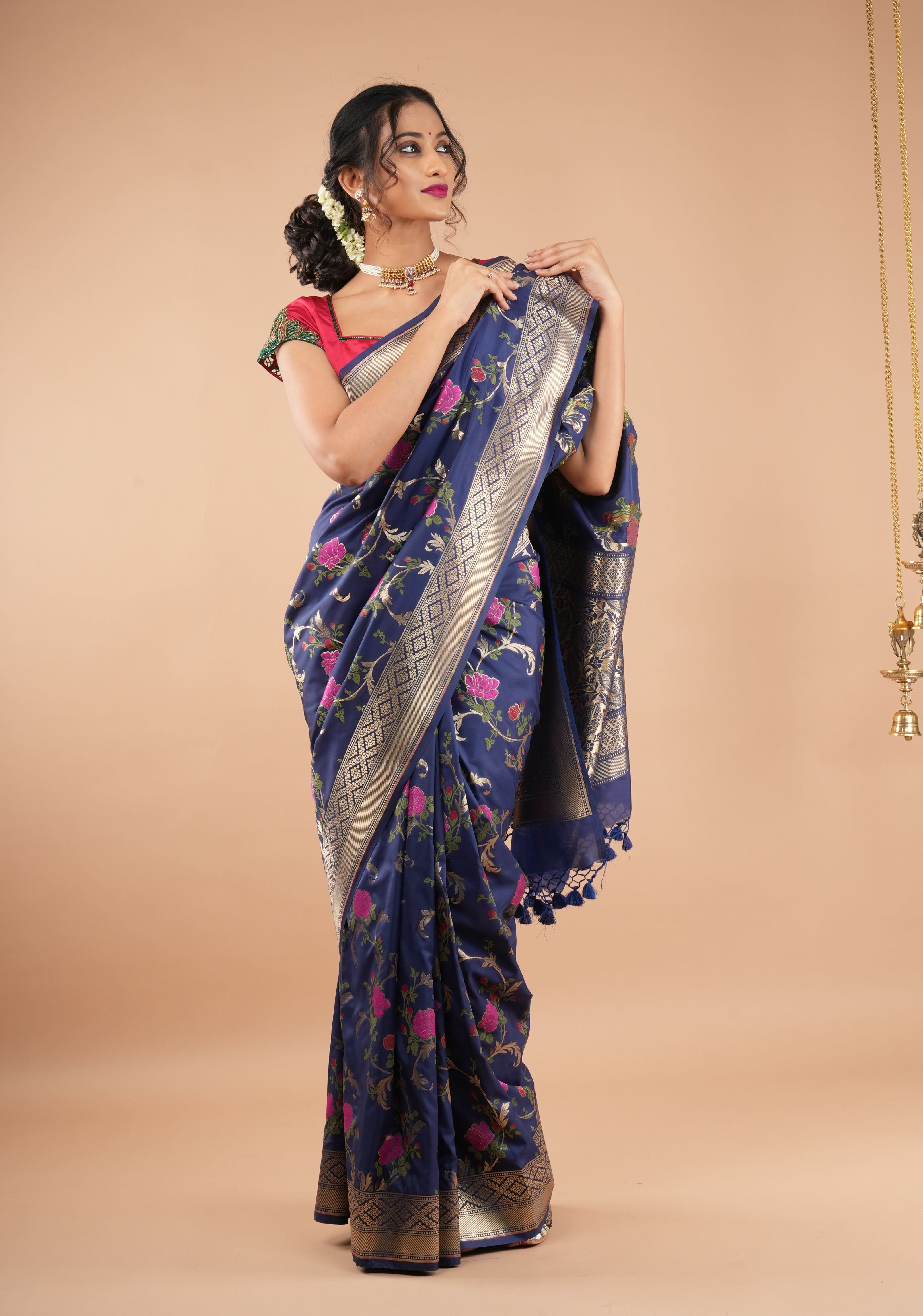 Space Cadet tone Exquisite Meenakari Rose Jaal Semi Silk Saree and zari border