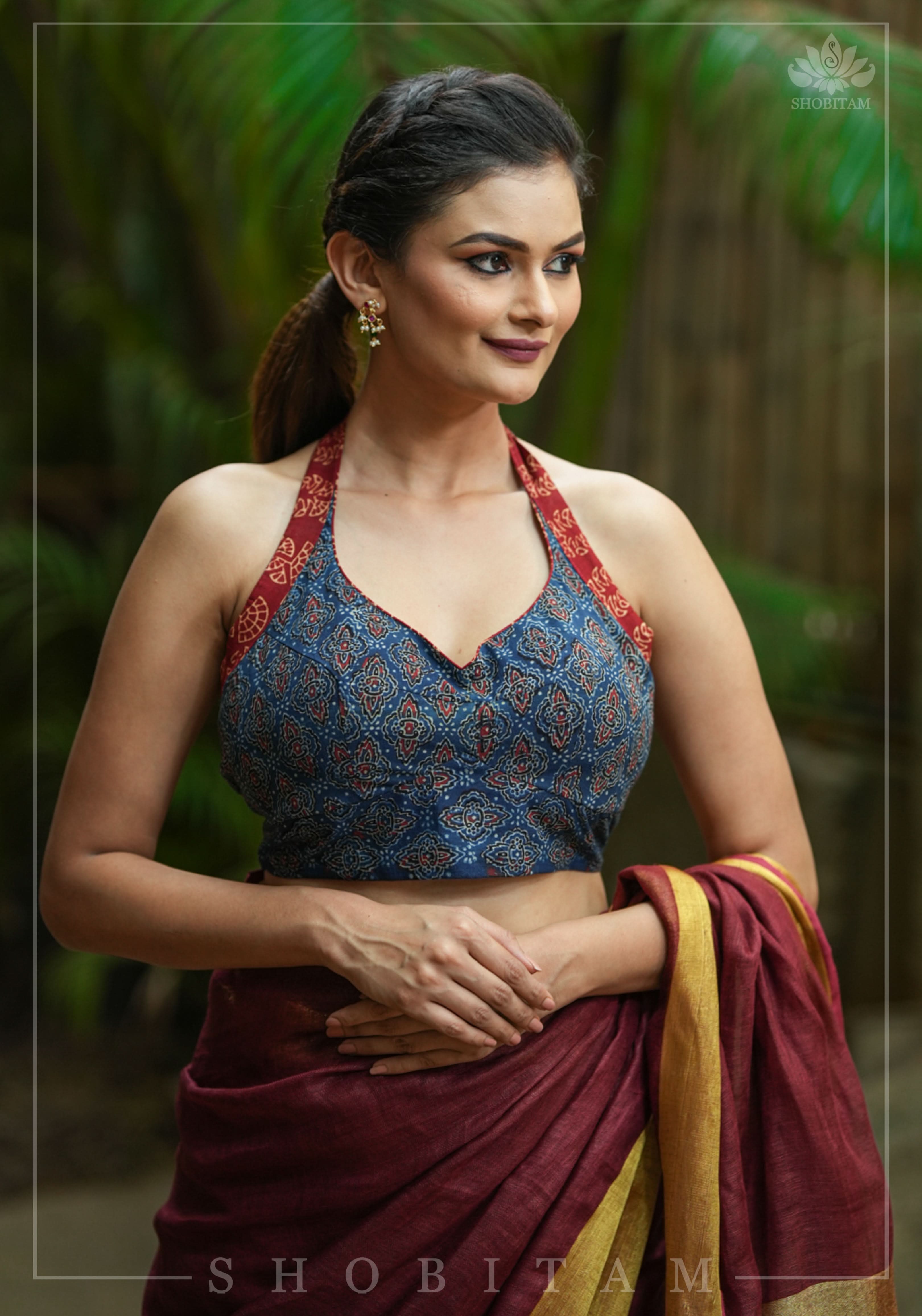 Halter Blouse in Indigo Ajrakh and maroon Sanganeri Hand Block Brint with extravagant tie back! | Shobitam