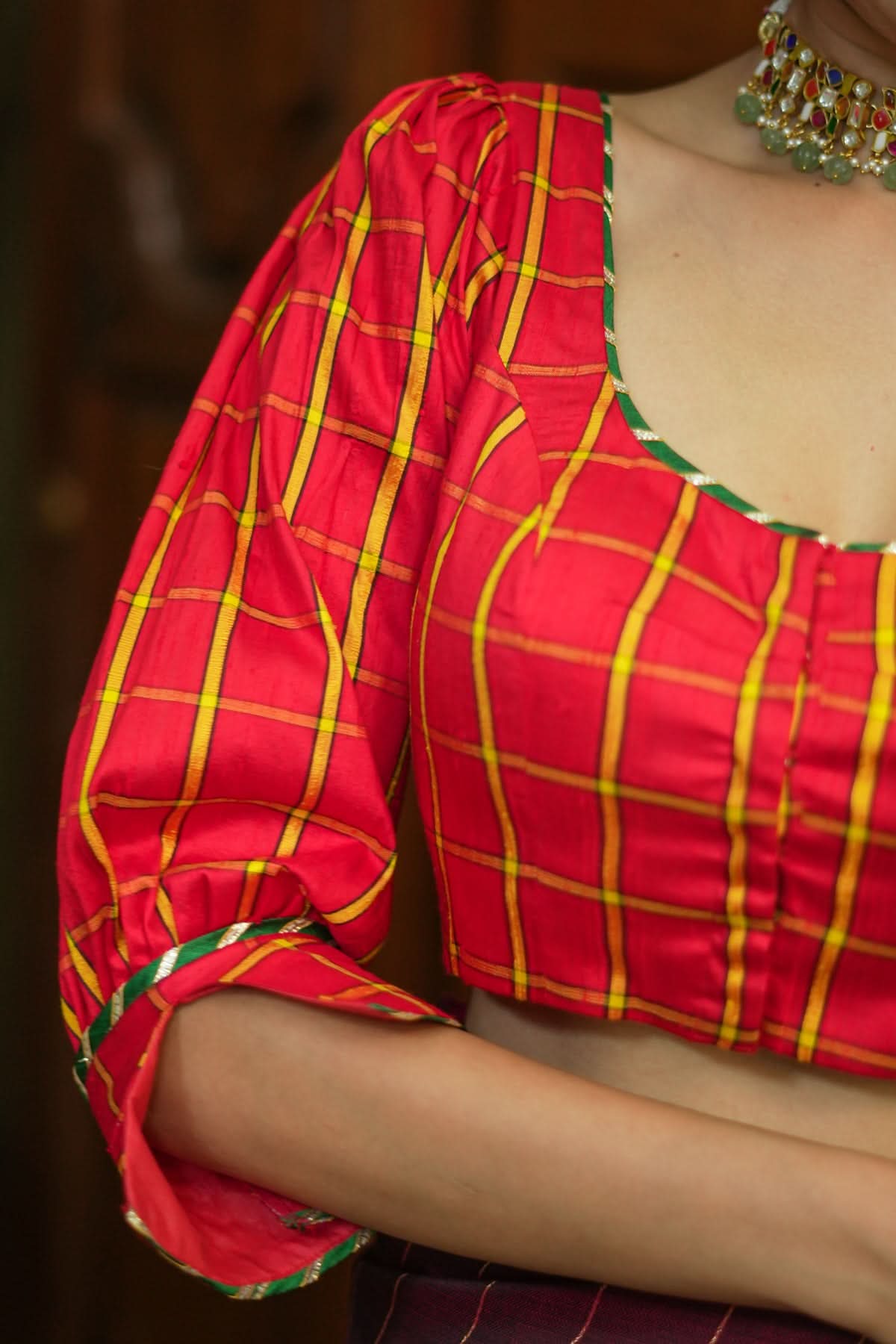 Red checked pure rawsilk u neck blouse with puff sleeves | Shobitam