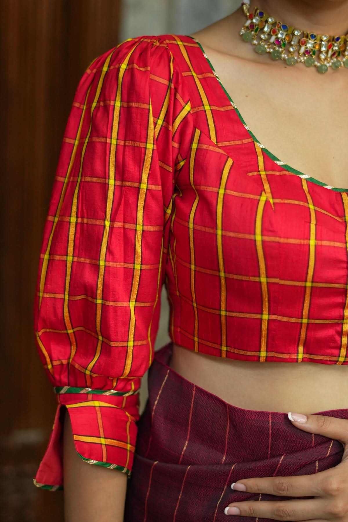 Red checked pure rawsilk u neck blouse with puff sleeves | Shobitam
