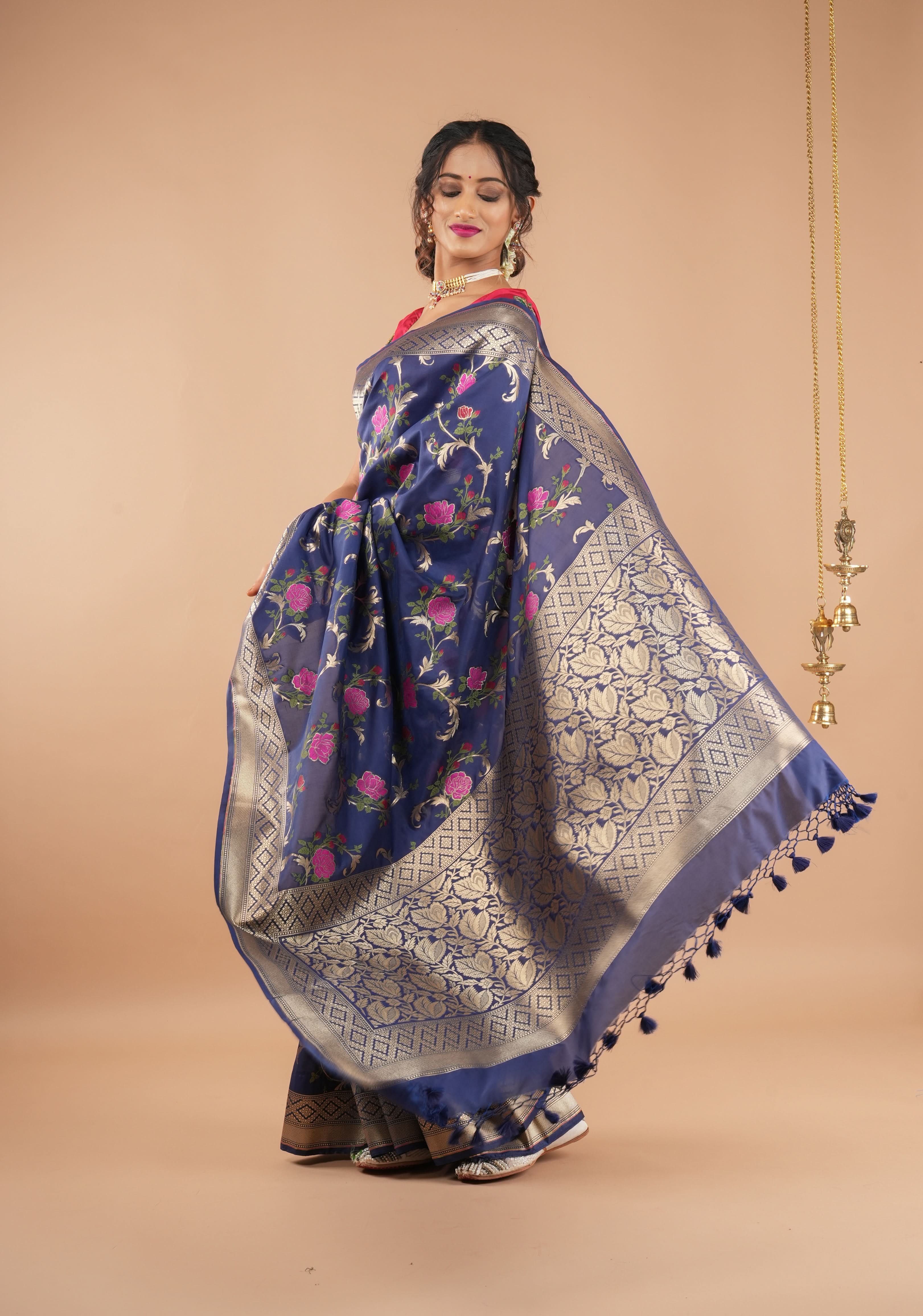 Space Cadet tone Exquisite Meenakari Rose Jaal Semi Silk Saree and zari border | Shobitam