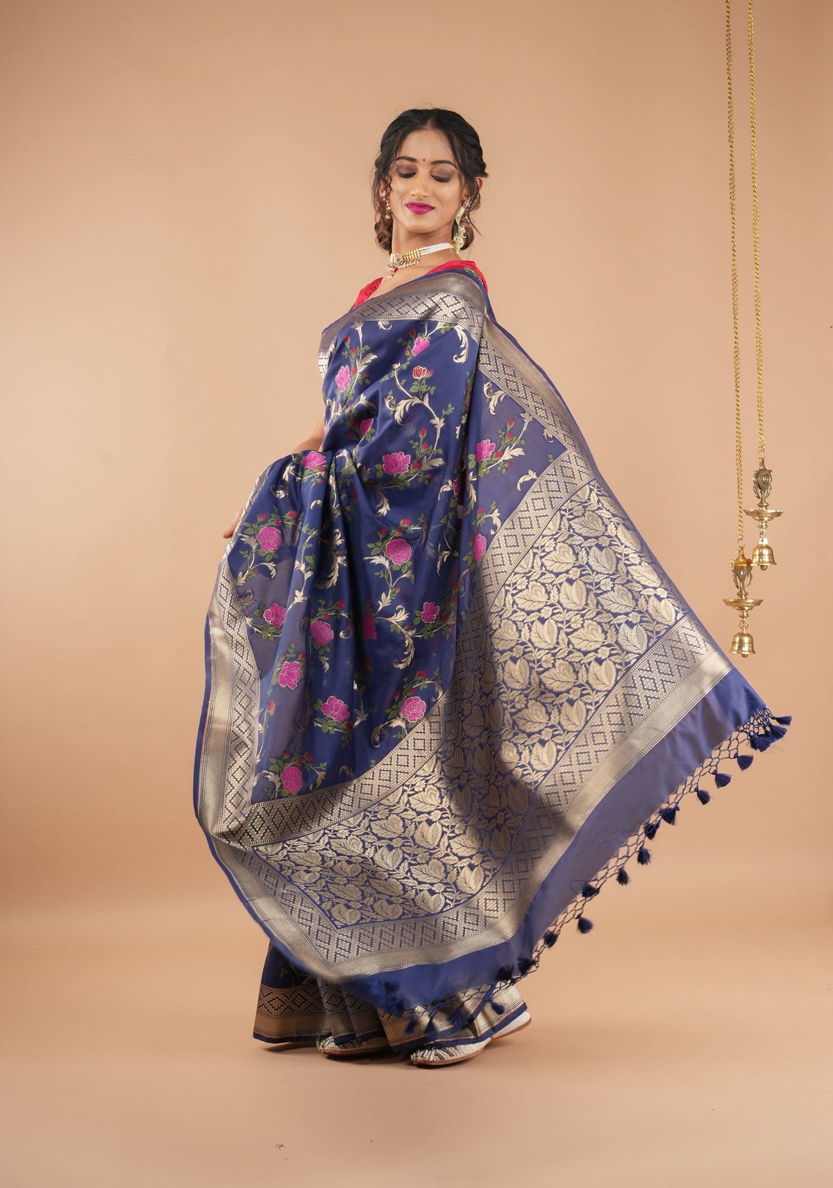 Space Cadet tone Exquisite Meenakari Rose Jaal Semi Silk Saree and zari border | SHOBITAM