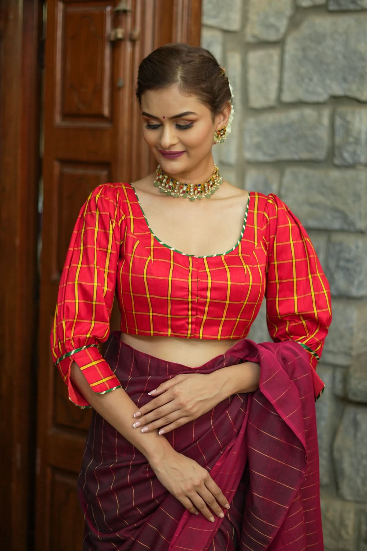 Red checked pure rawsilk u neck blouse with puff sleeves | Shobitam