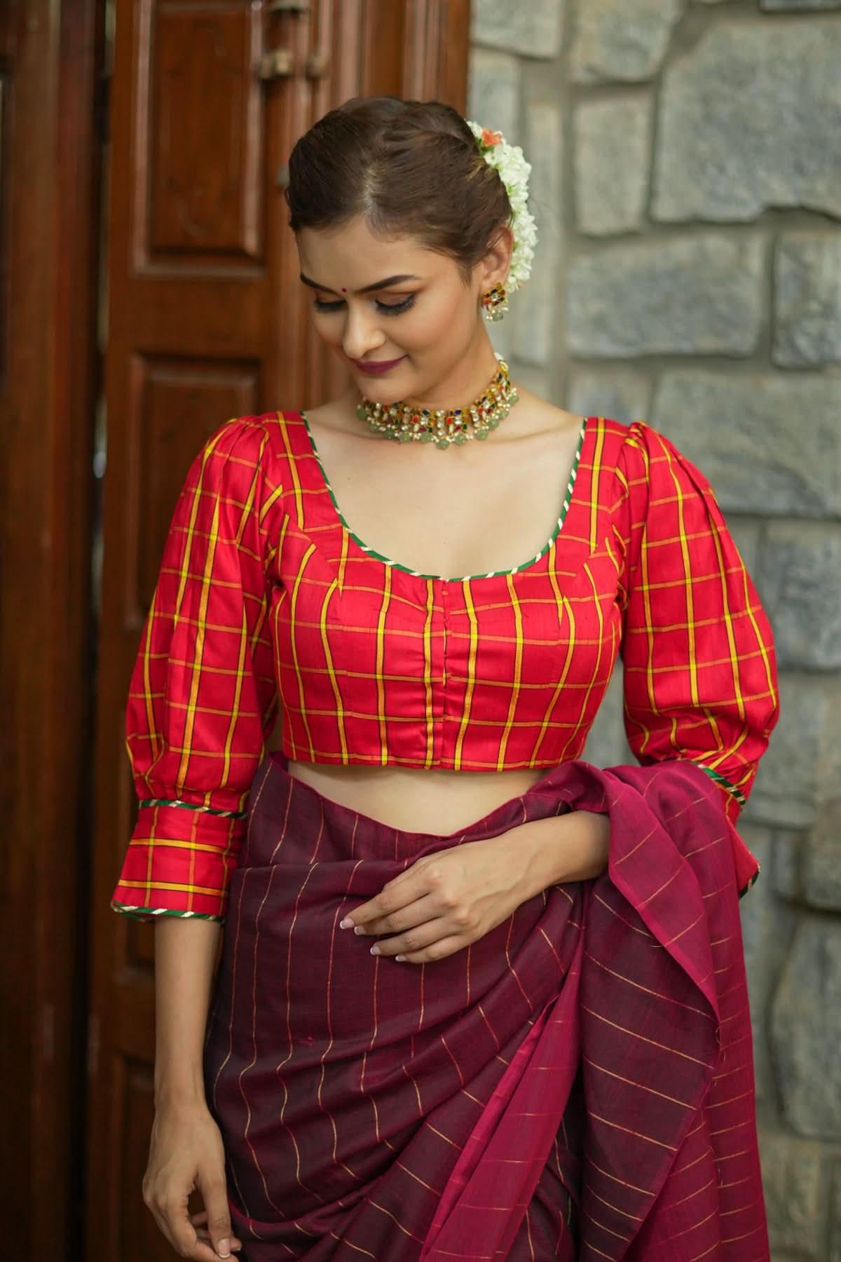 Red checked pure rawsilk u neck blouse with puff sleeves | Shobitam
