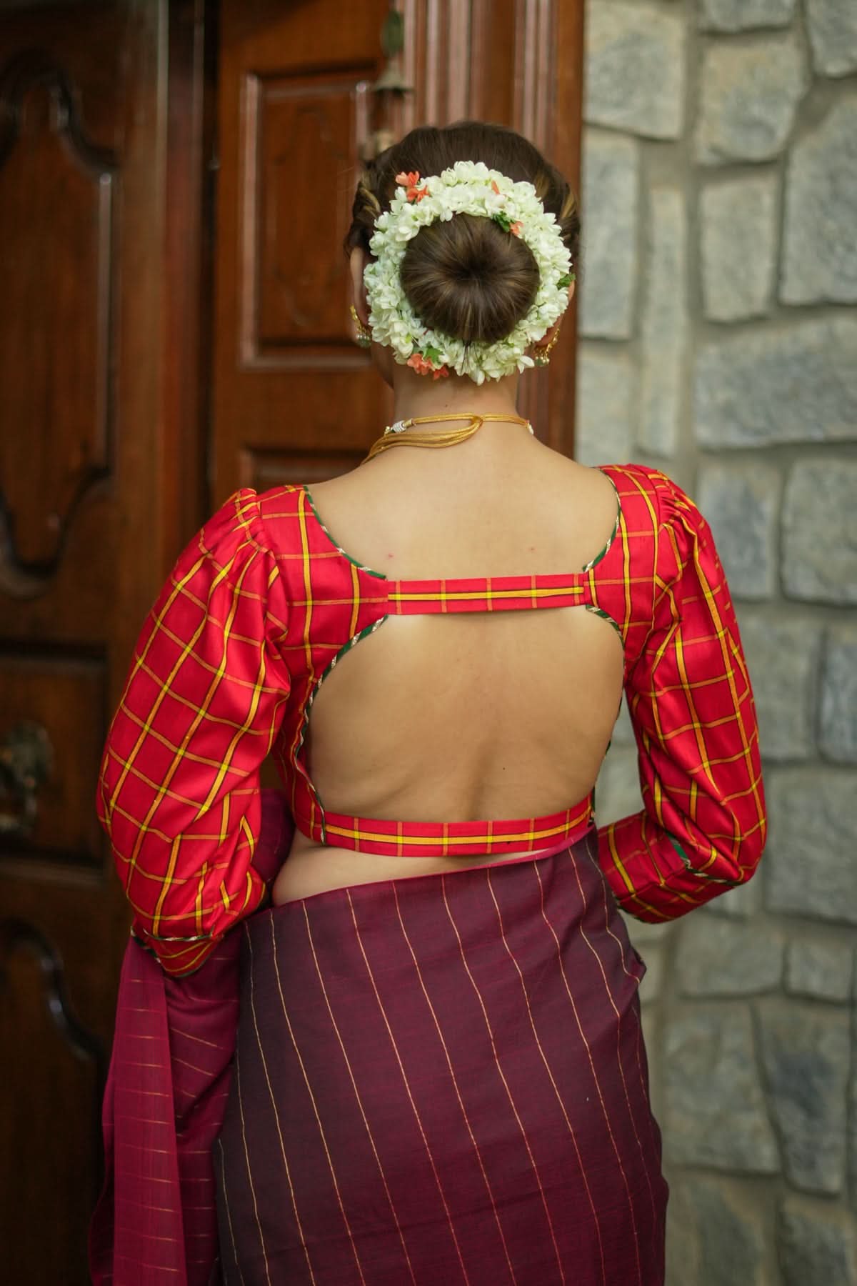 Red checked pure rawsilk u neck blouse with puff sleeves | Shobitam