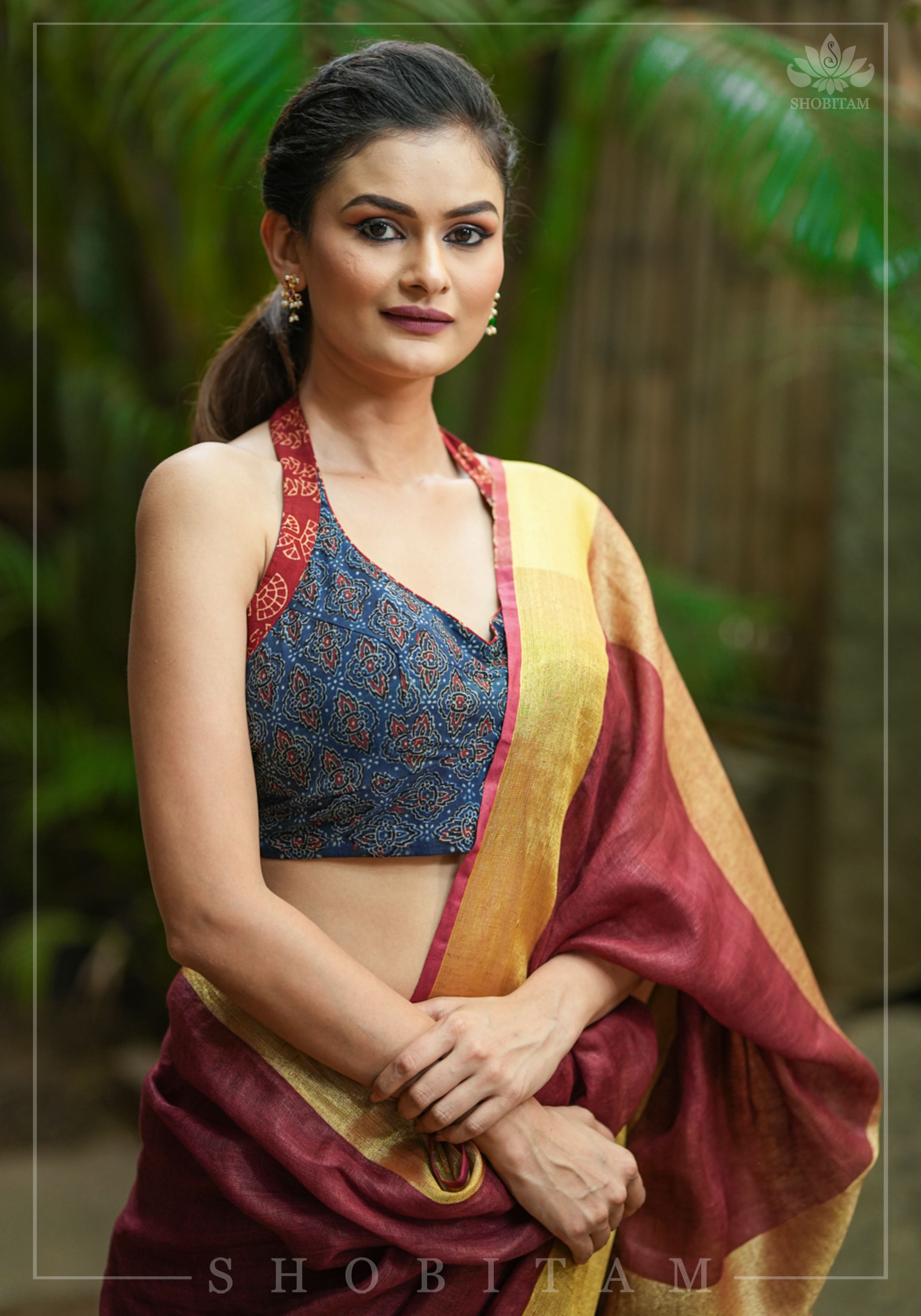 Halter Blouse in Indigo Ajrakh and maroon Sanganeri Hand Block Brint with extravagant tie back! | Shobitam