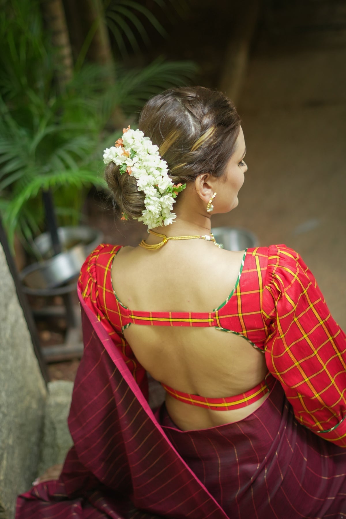 Red checked pure rawsilk u neck blouse with puff sleeves | Shobitam