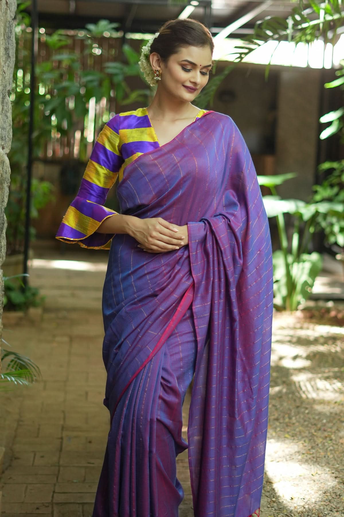 Reversible Maheshwari Saree in Mercerised Cotton with Extra Long tassles in Purple, no blouse Piece | Shobitam