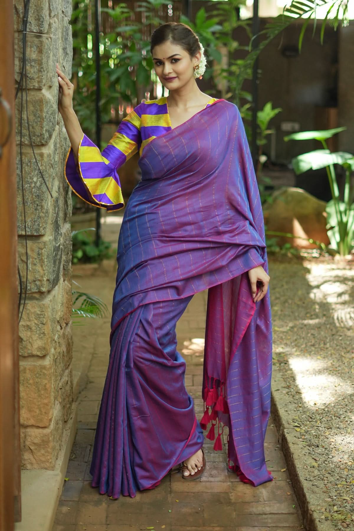 Reversible Maheshwari Saree in Mercerised Cotton with Extra Long tassles in Purple, no blouse Piece | Shobitam