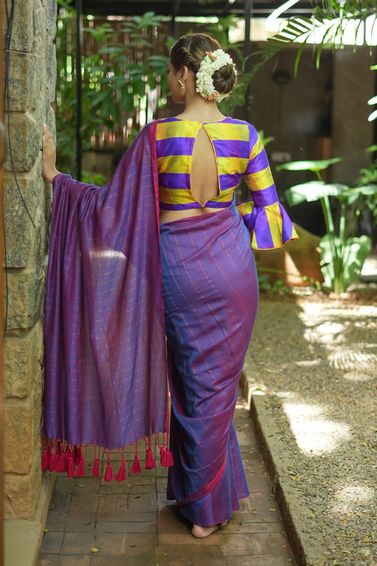 Reversible Maheshwari Saree in Mercerised Cotton with Extra Long tassles in Purple, no blouse Piece | Shobitam