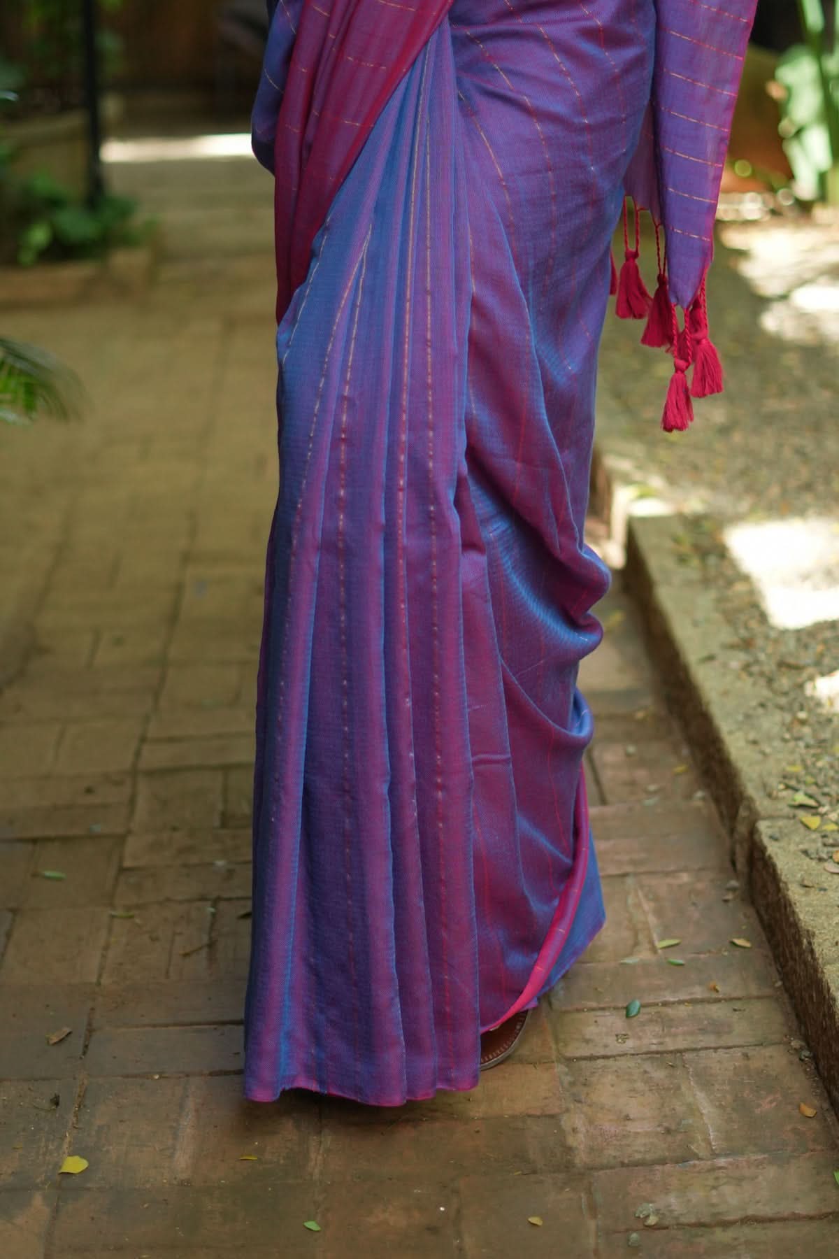 Reversible Maheshwari Saree in Mercerised Cotton with Extra Long tassles in Purple, no blouse Piece | Shobitam