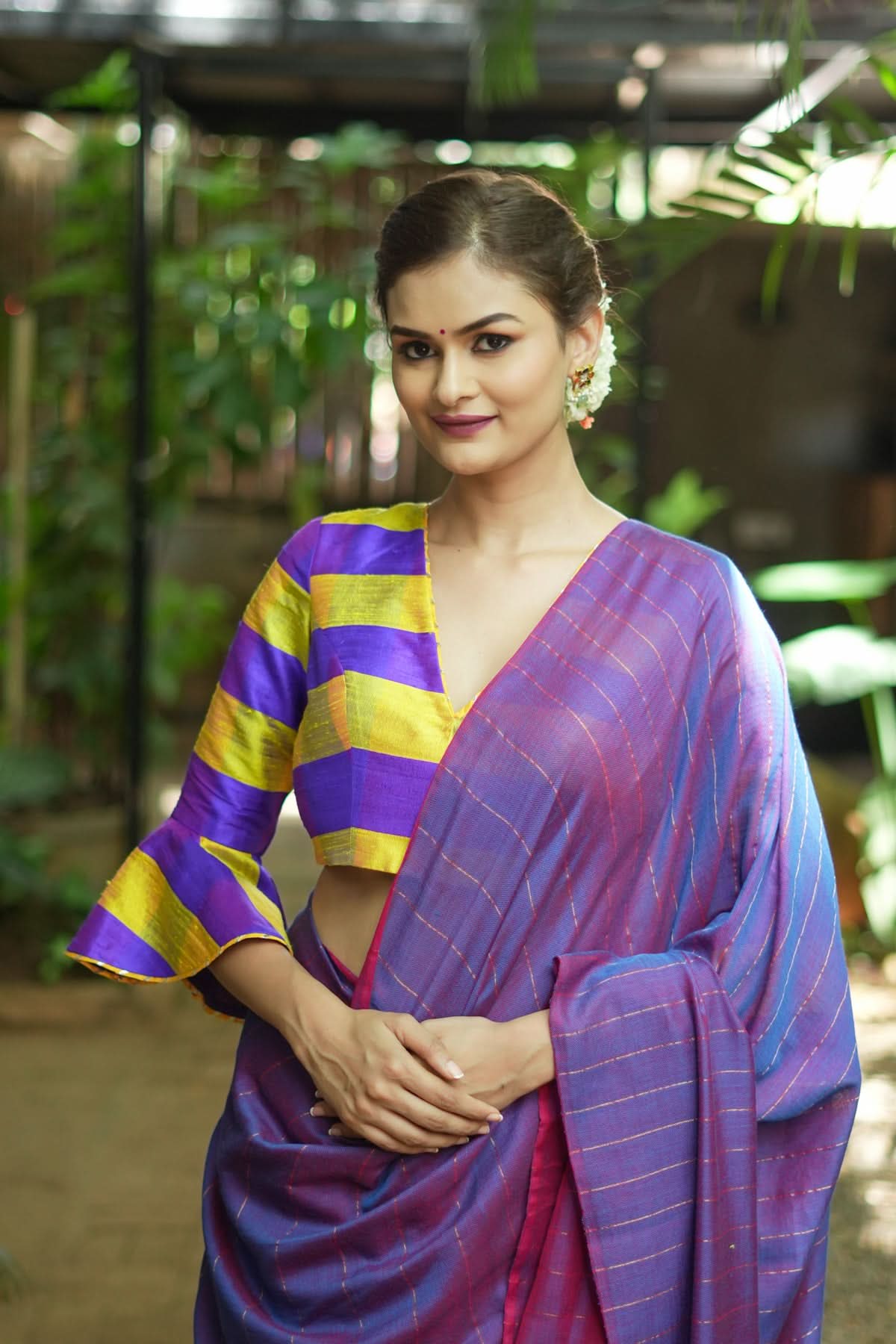 Yellow purple bold stripes design pure raw silk V neck blouse with bell sleeves | Shobitam