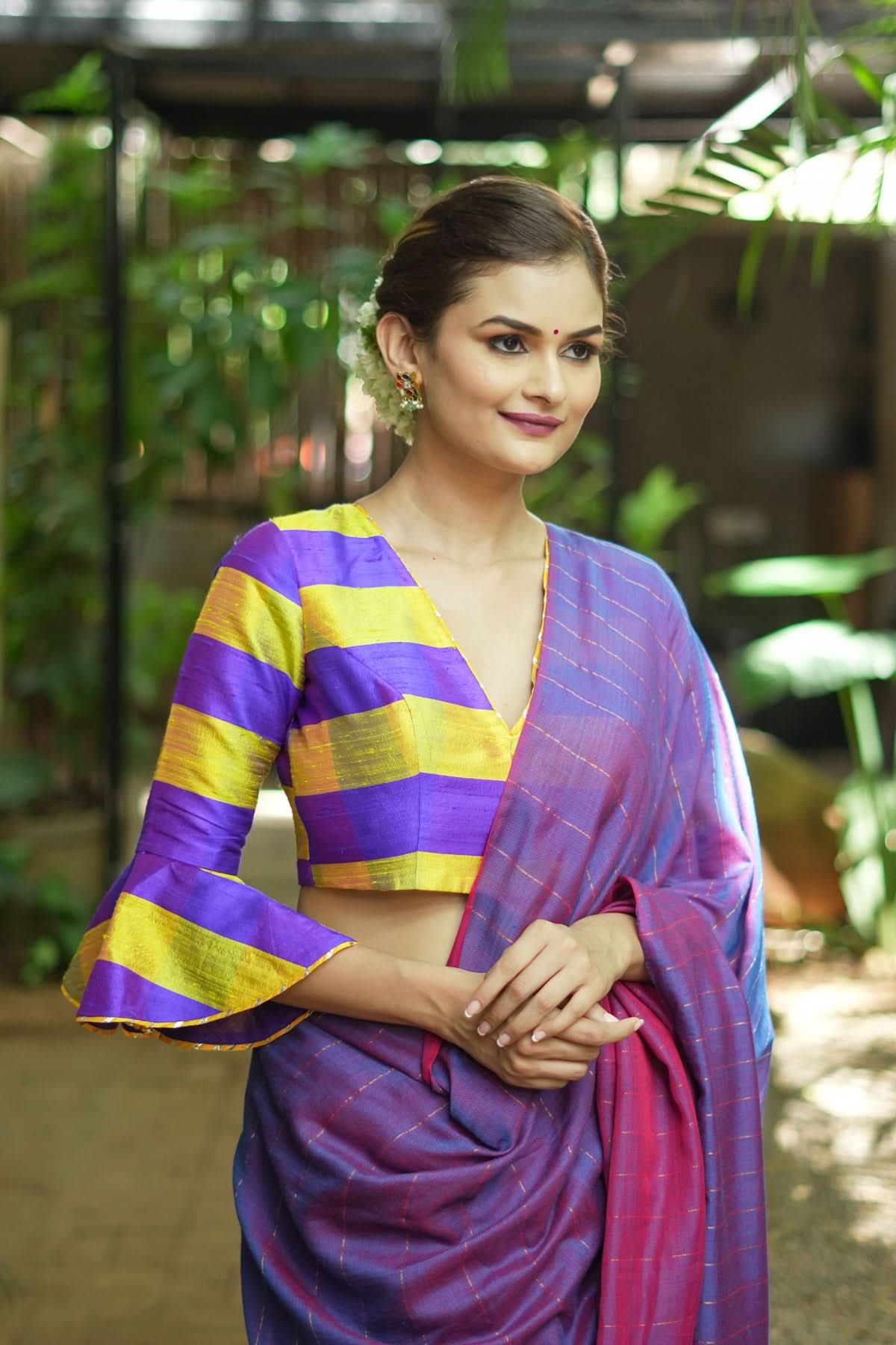 Yellow purple bold stripes design pure raw silk V neck blouse with bell sleeves | Shobitam
