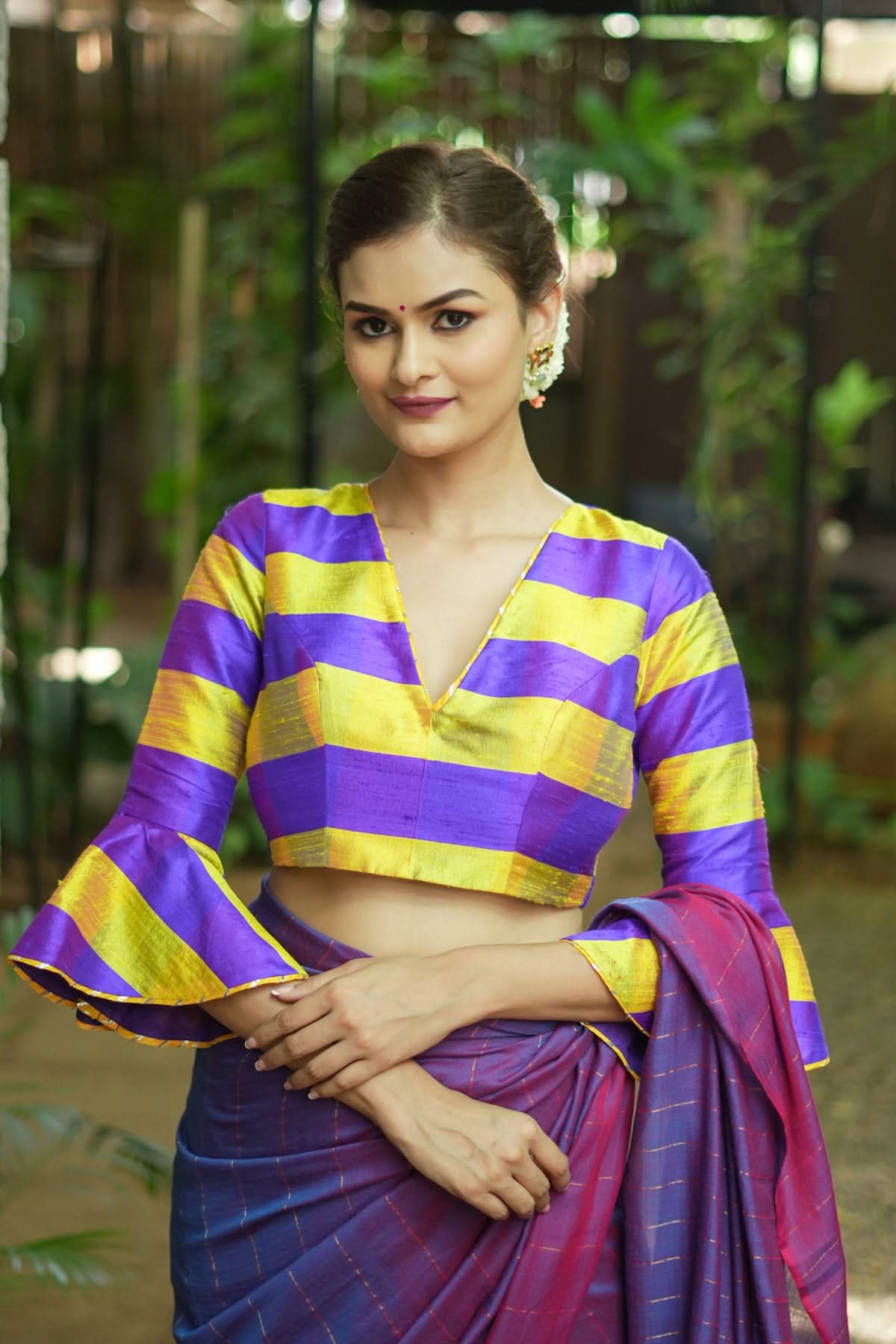 Yellow purple bold stripes design pure raw silk V neck blouse with bell sleeves | Shobitam