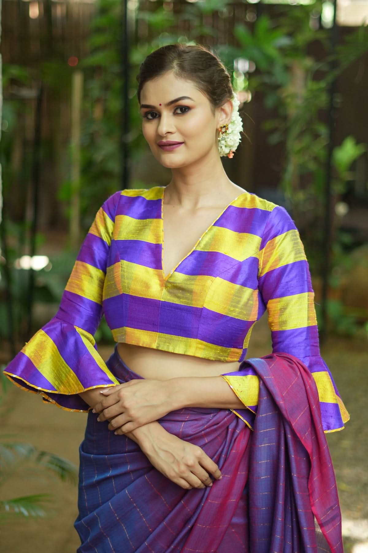 Yellow purple bold stripes design pure raw silk V neck blouse with bell sleeves | Shobitam