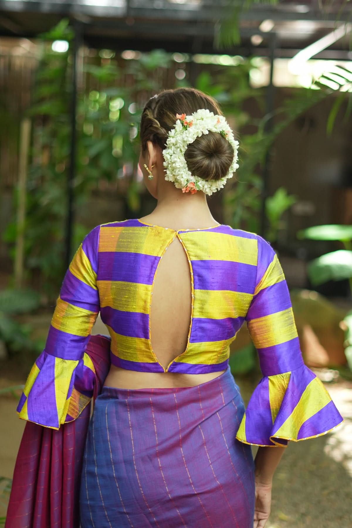 Yellow purple bold stripes design pure raw silk V neck blouse with bell sleeves | Shobitam