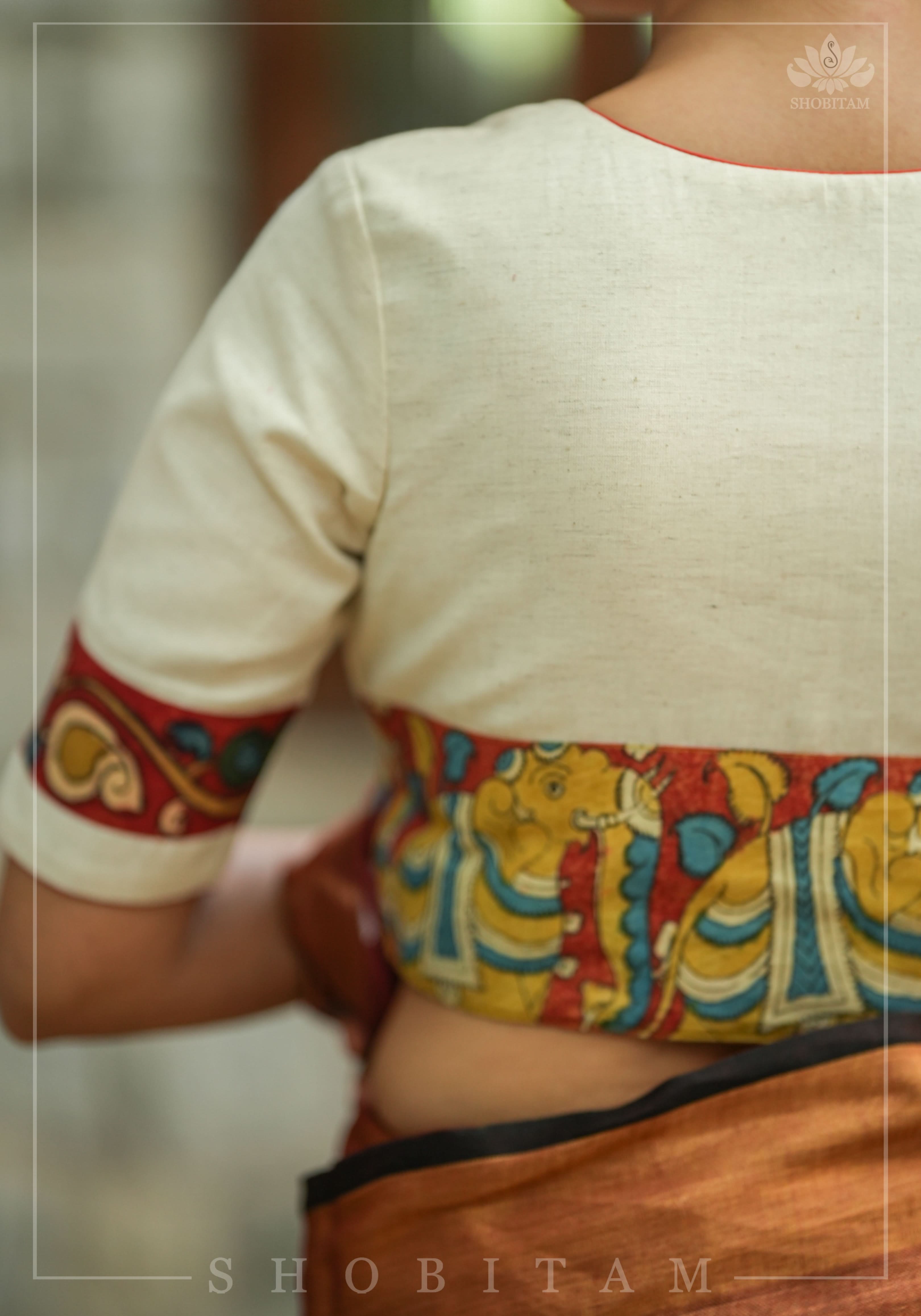 Daisy white V neck blouse with handpainted kalamkari border | Shobitam