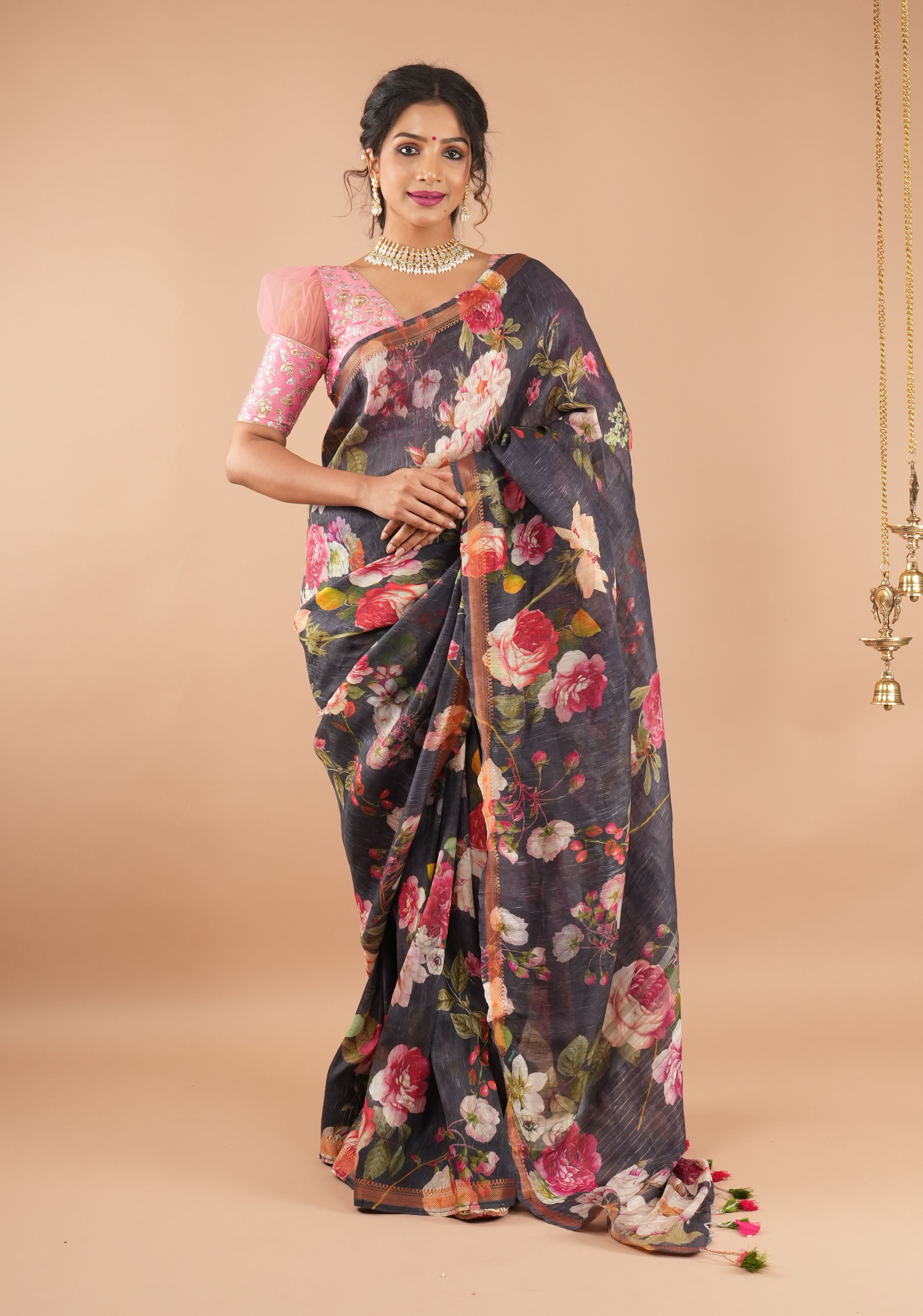 Brown-Black Silk Linen Saree with Floral Digital Print and Woven Zari Borders | Shobitam
