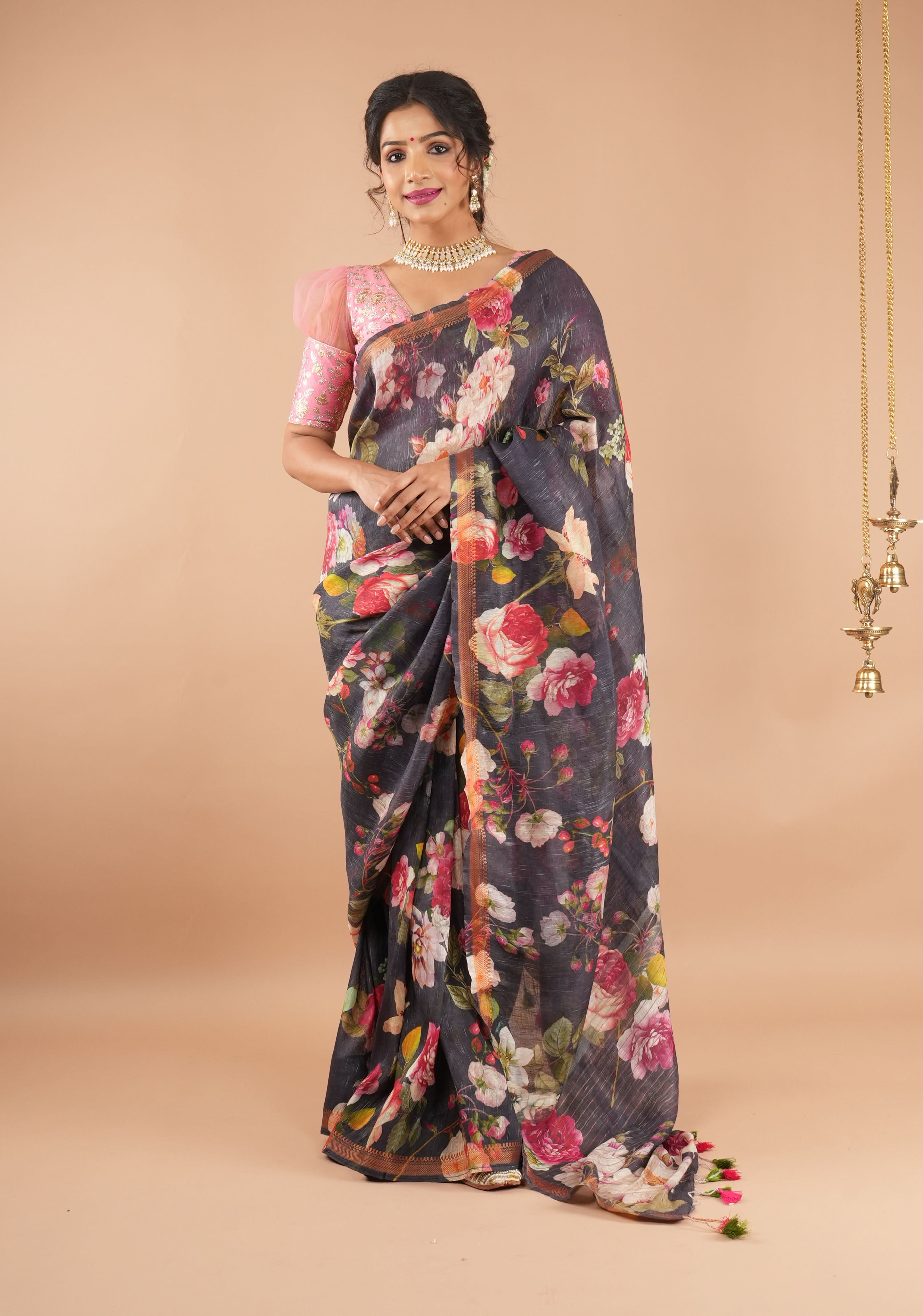 Brown-Black Silk Linen Saree with Floral Digital Print and Woven Zari Borders | Shobitam