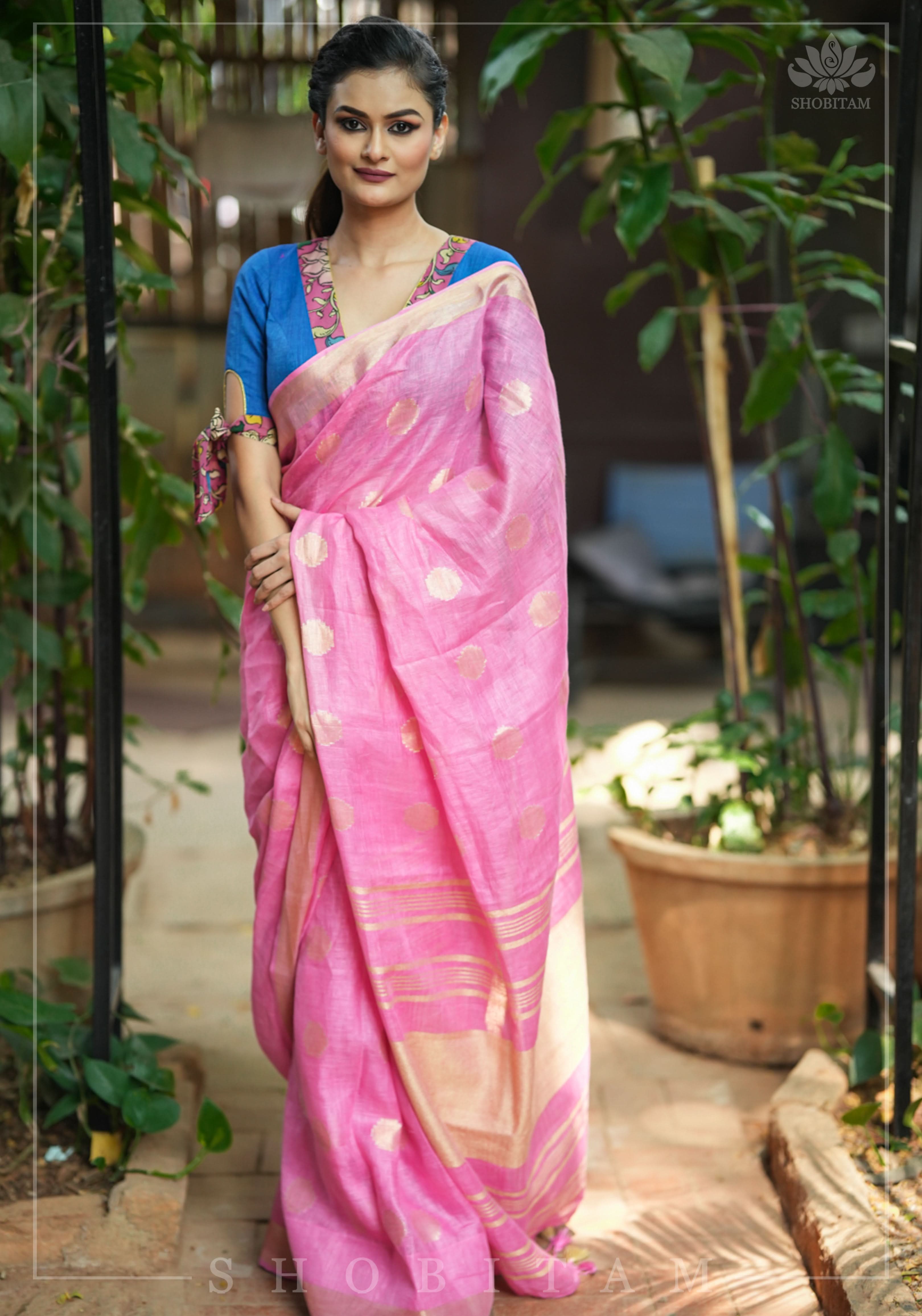 Carnation Pink Linen Saree with Polka Dots Weave | Shobitam Saree