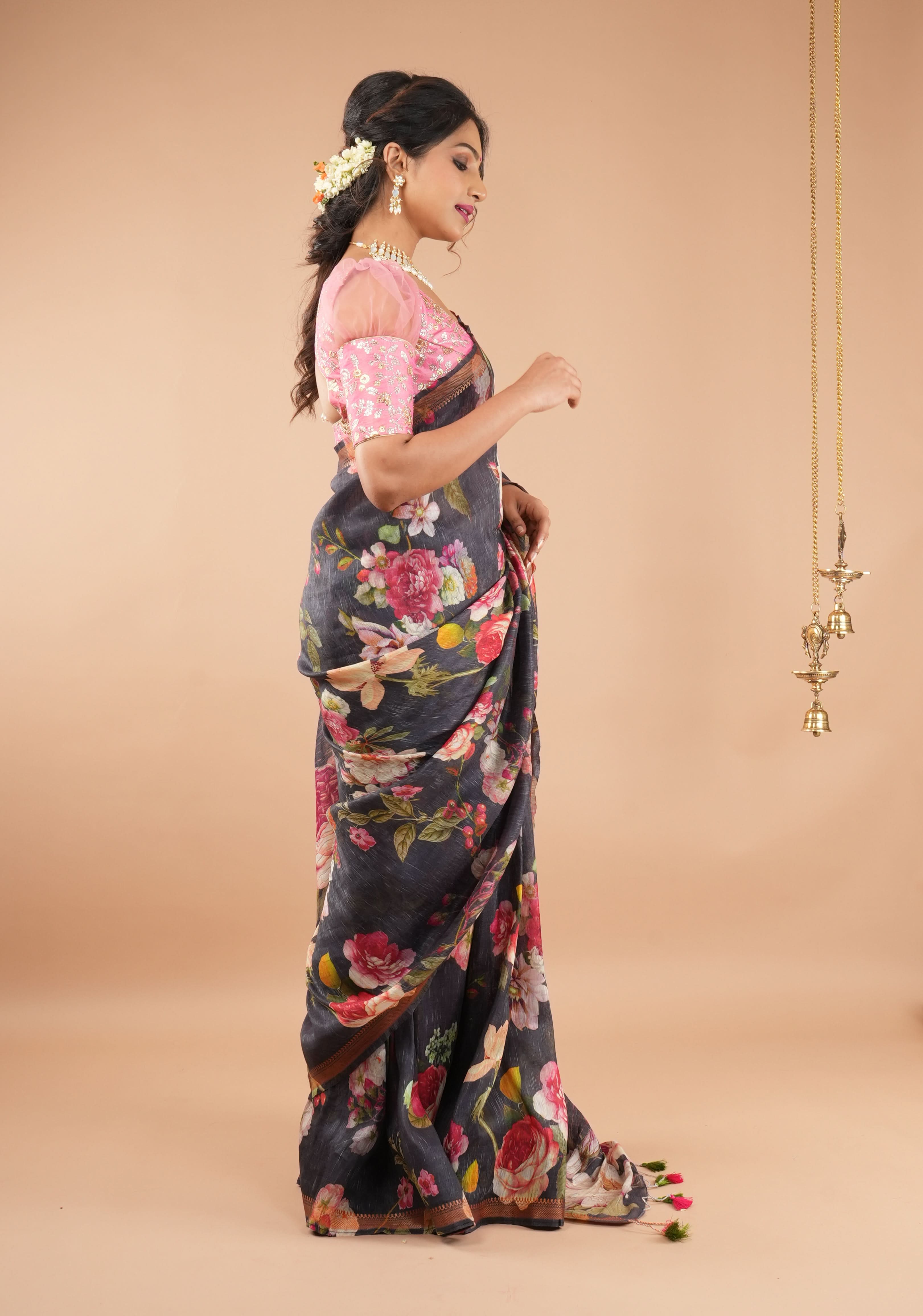 Brown-Black Silk Linen Saree with Floral Digital Print and Woven Zari Borders | Shobitam