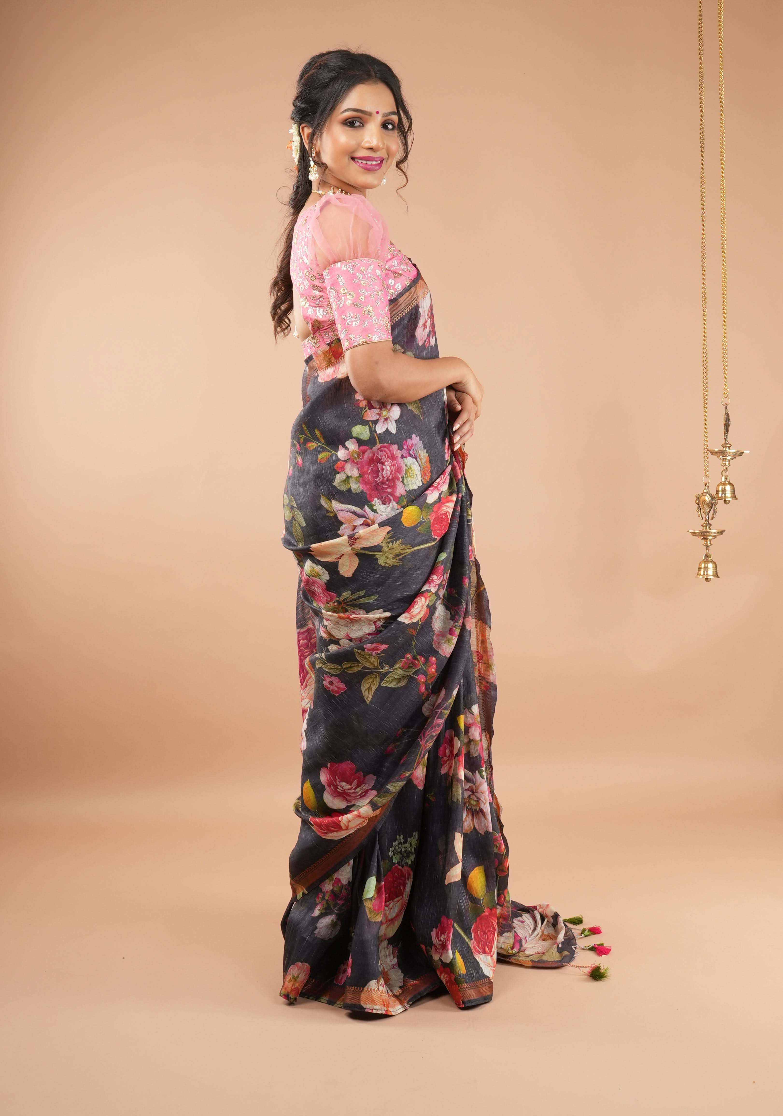 Brown-Black Silk Linen Saree with Floral Digital Print and Woven Zari Borders | Shobitam