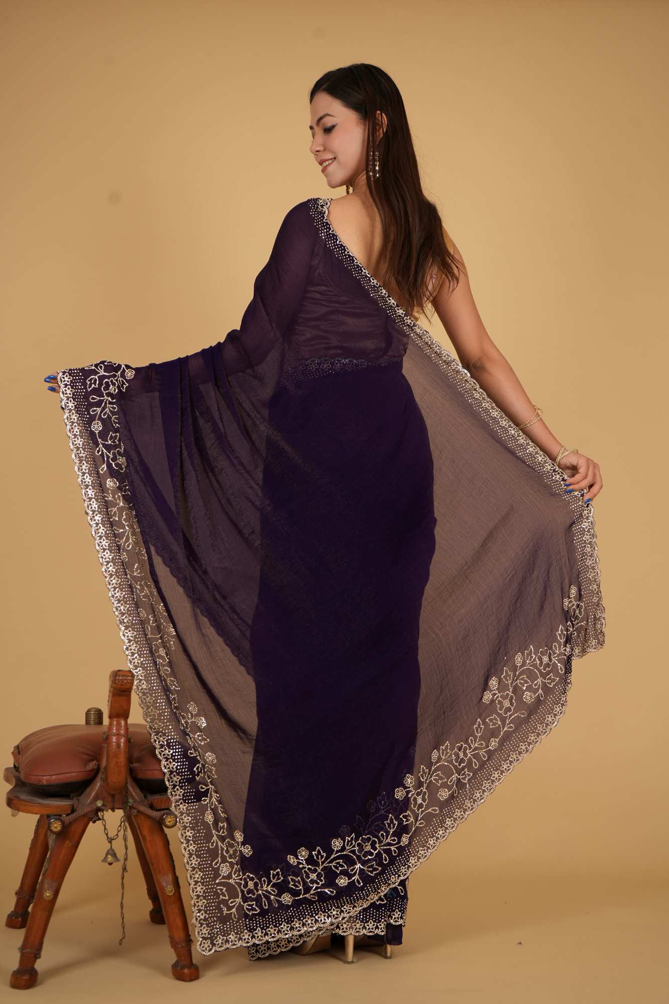 Premium Chiffon Silk With intricate Floral Motif Stone Embellished Detail Border Pre Drape Saree