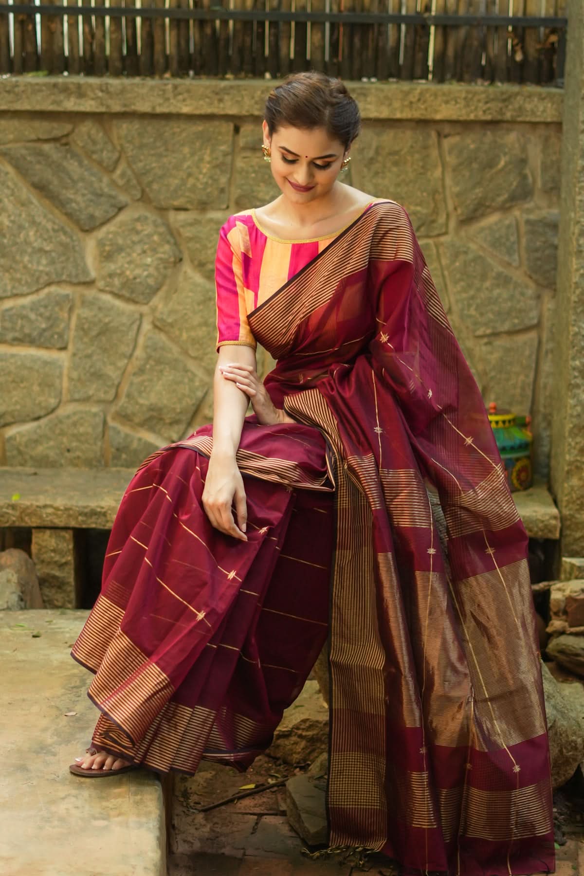 Maheshwari Silk Cotton Saree in Maroon with Stripes and Buttas | Shobitam