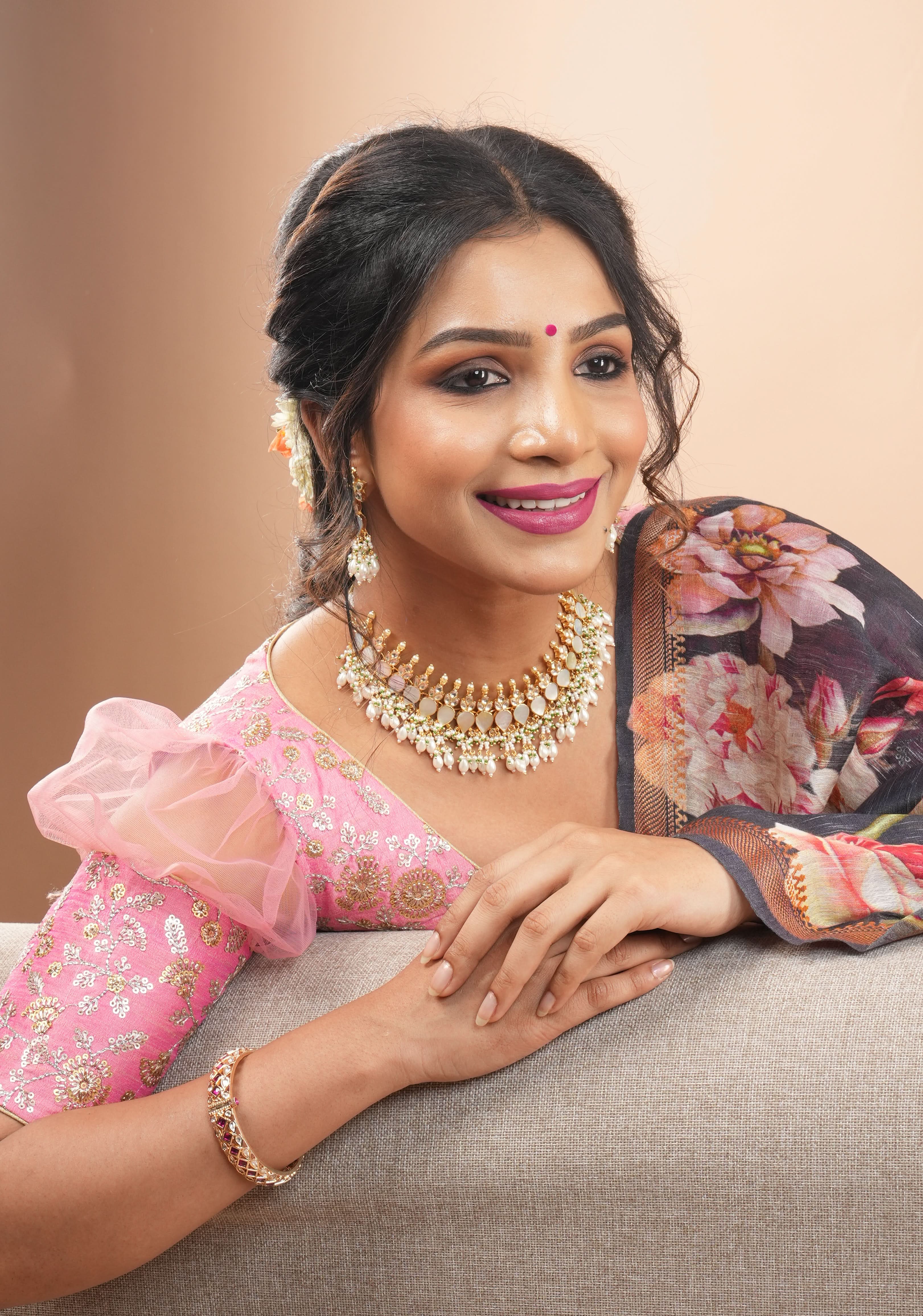 Carnation Pink sequin embroidery blouse with sheer puff sleeve | Shobitam