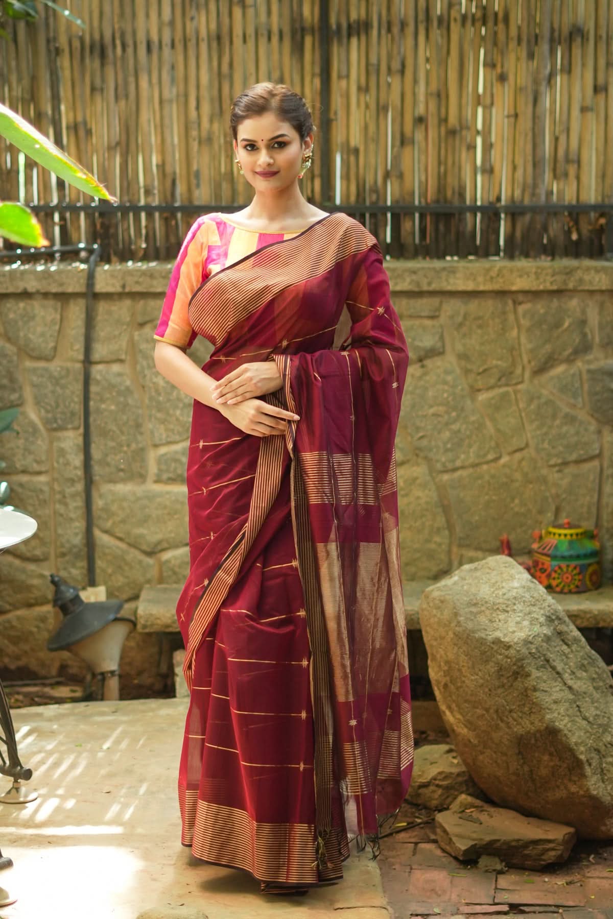 Maheshwari Silk Cotton Saree in Maroon with Stripes and Buttas | Shobitam