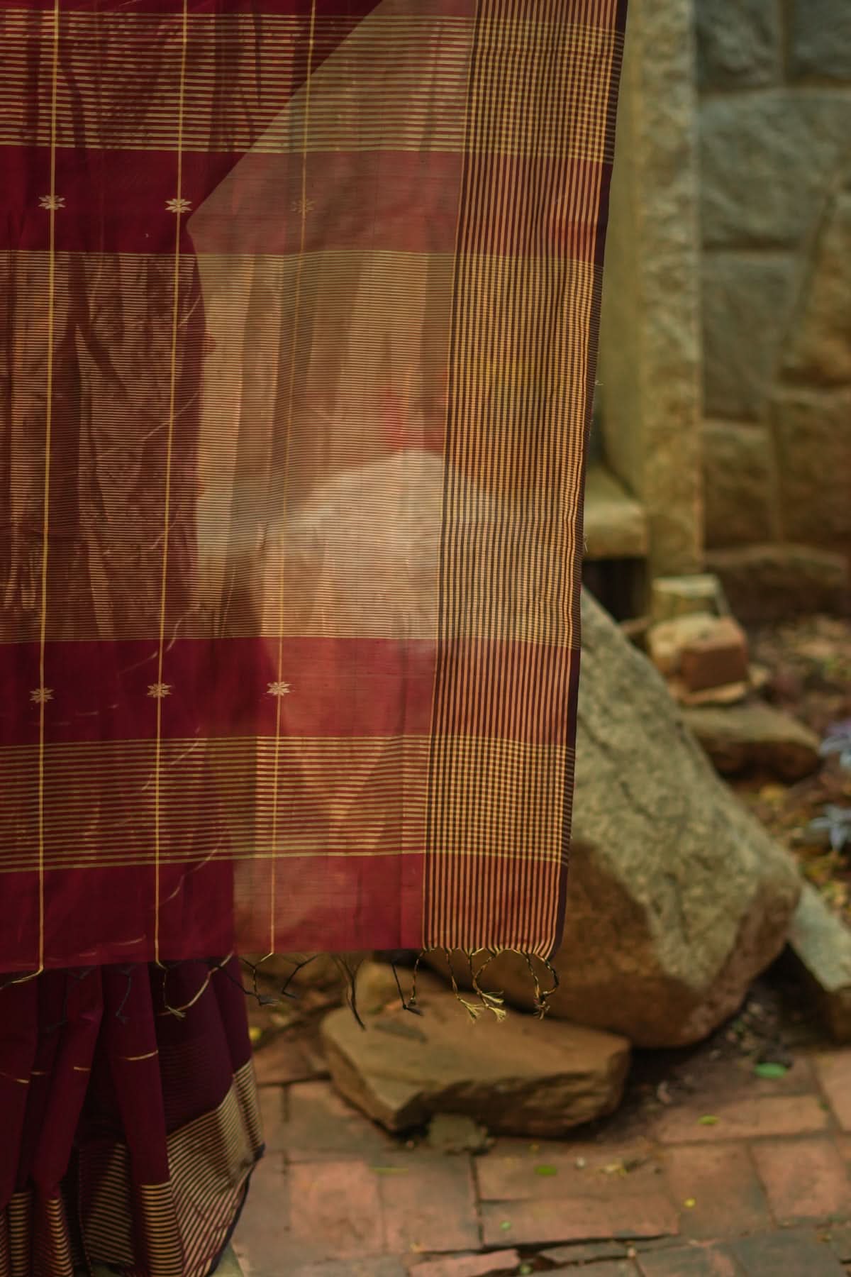 Maheshwari Silk Cotton Saree in Maroon with Stripes and Buttas | Shobitam