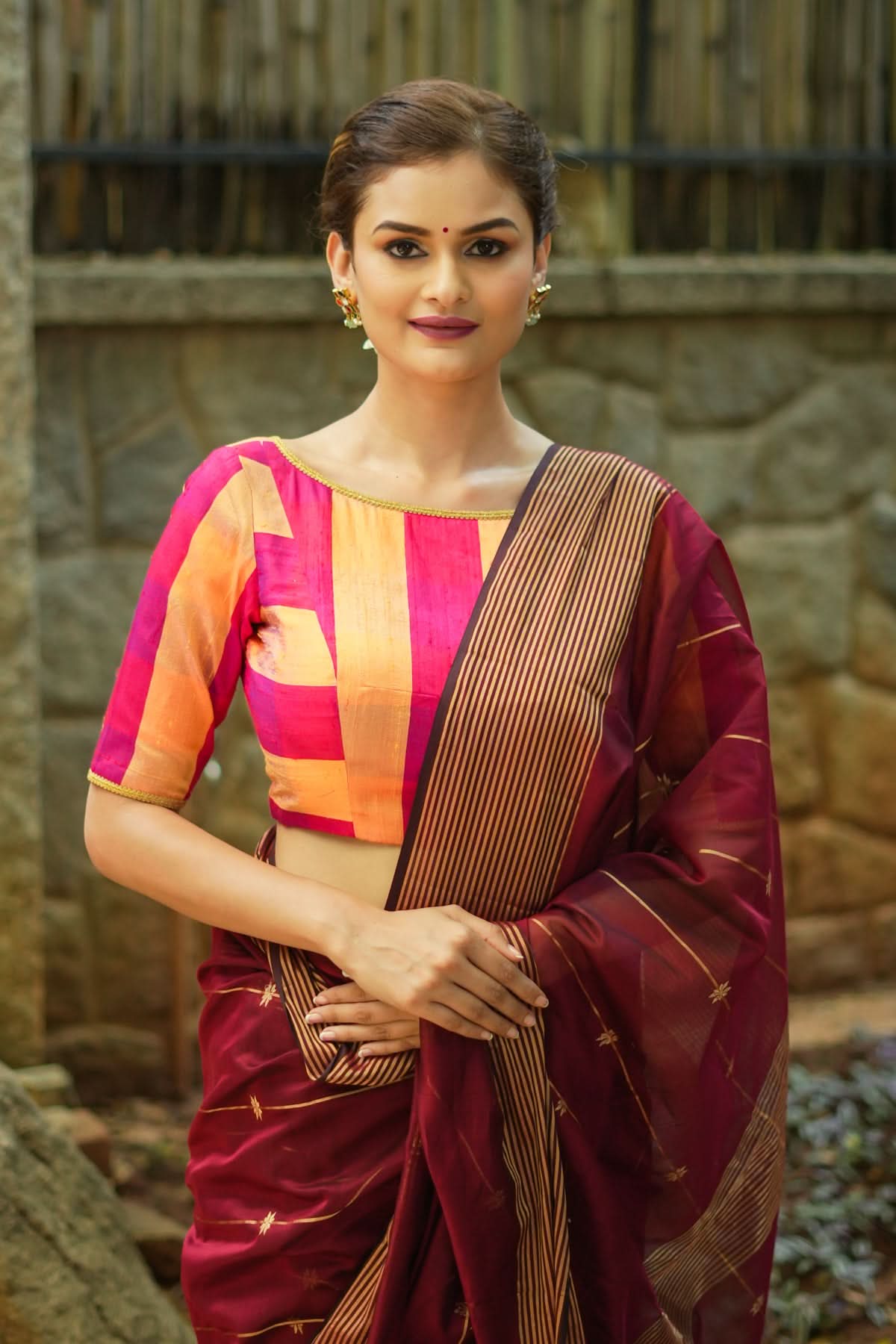 Orange reddish pink checked pure rawsilk boatneck blouse | Shobitam