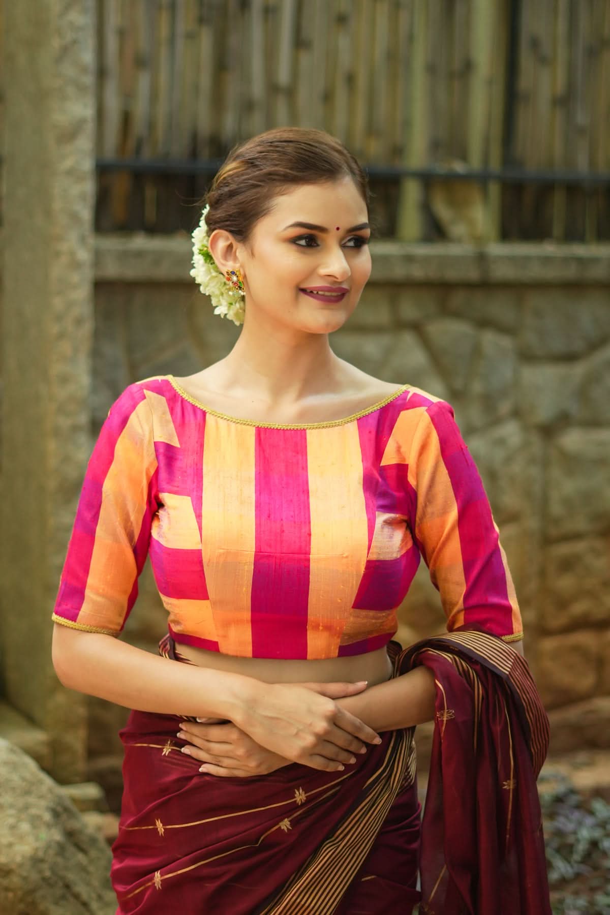 Orange reddish pink checked pure rawsilk boatneck blouse | Shobitam