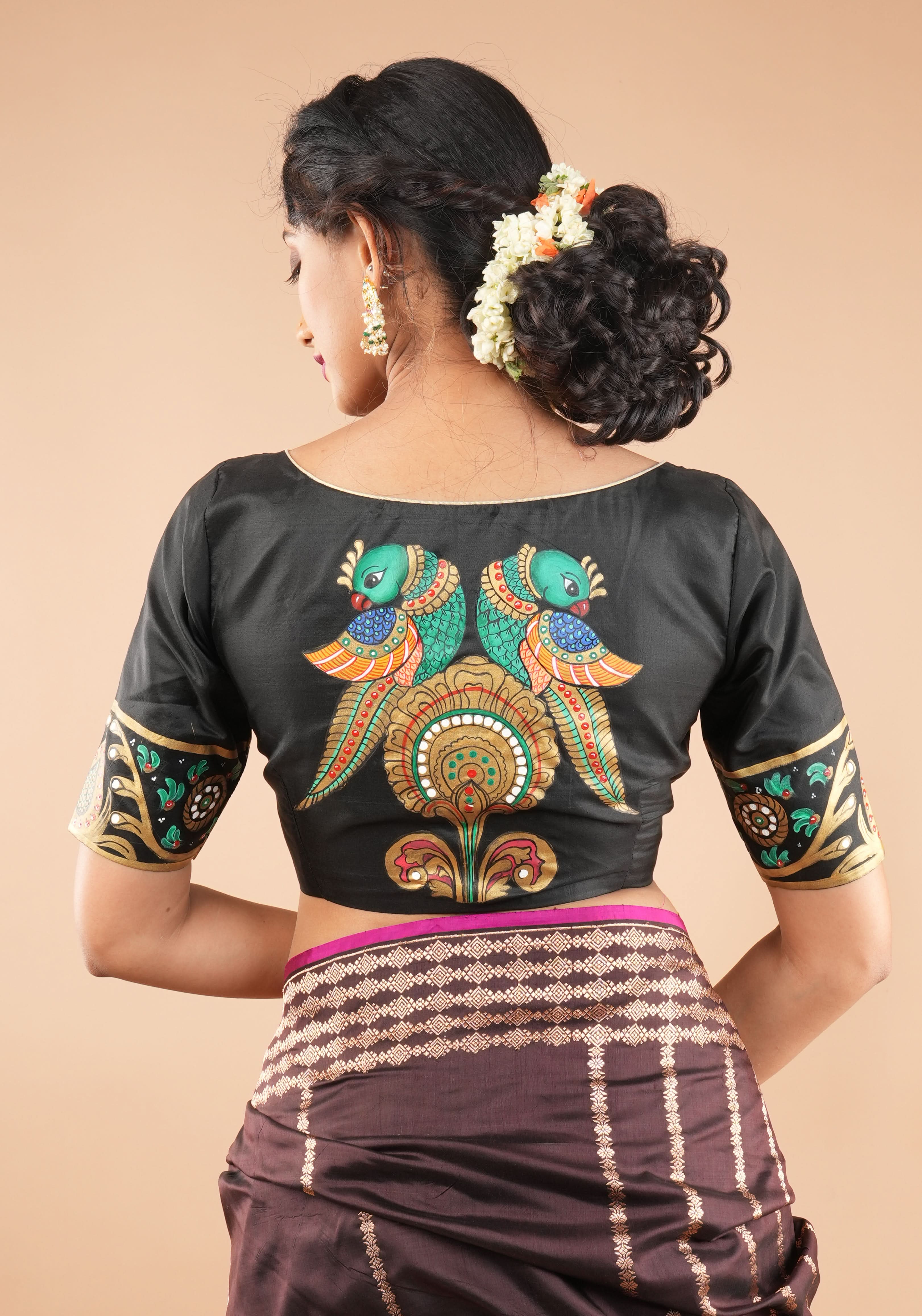 Tanjore Parrots - pure Silk blouse with Tanjore Style Hand painting, Color Customizable. | Shobitam