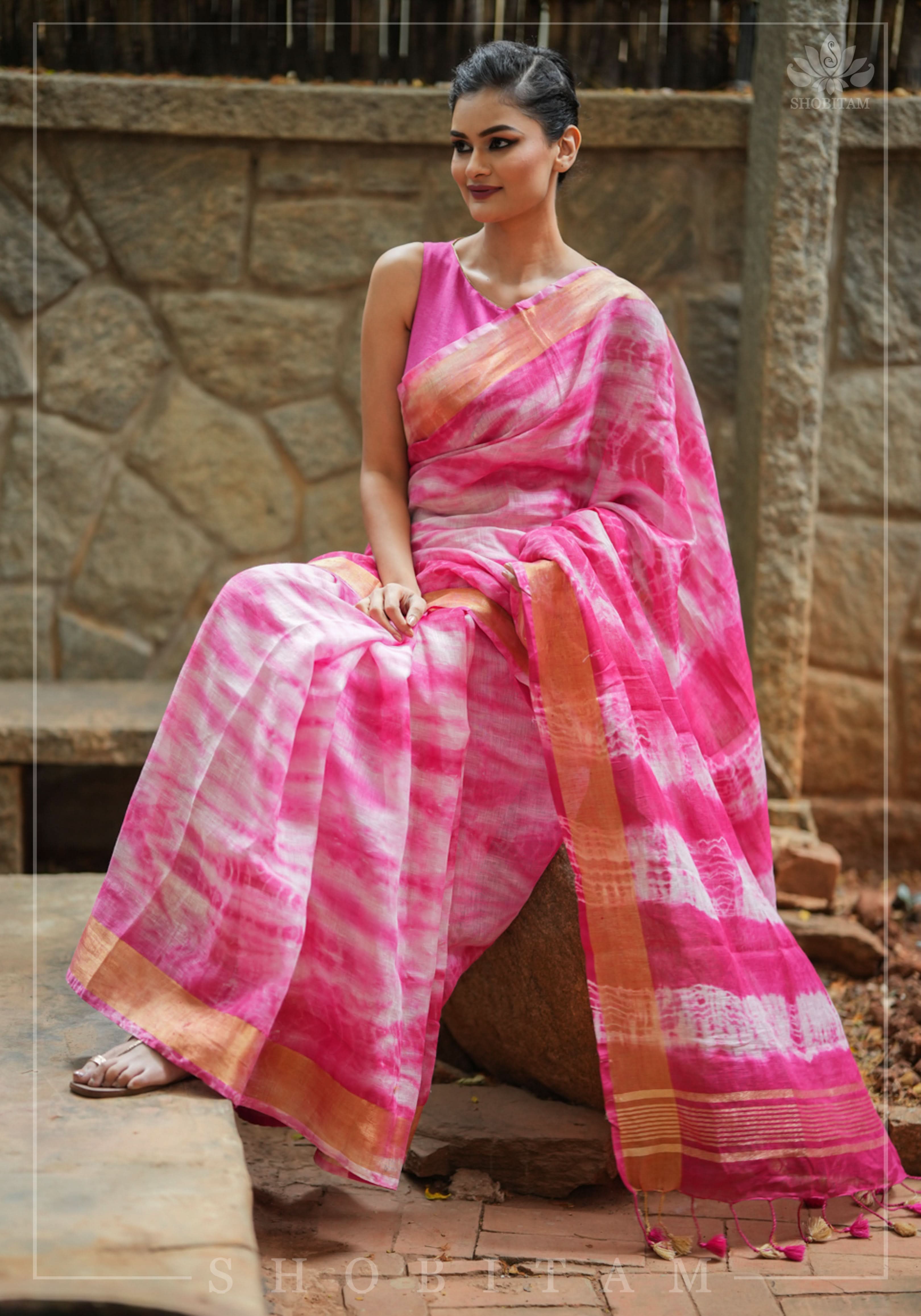 Handmade Shibori Dye Pure Linen by Linen Saree in Amaranth Pink and White with long tassels | Shobitam
