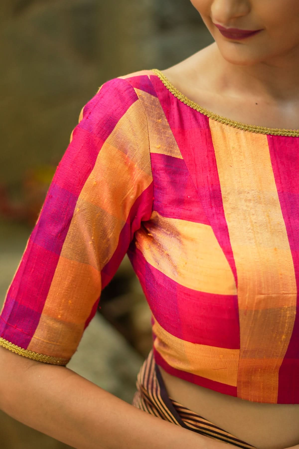 Orange reddish pink checked pure rawsilk boatneck blouse | Shobitam