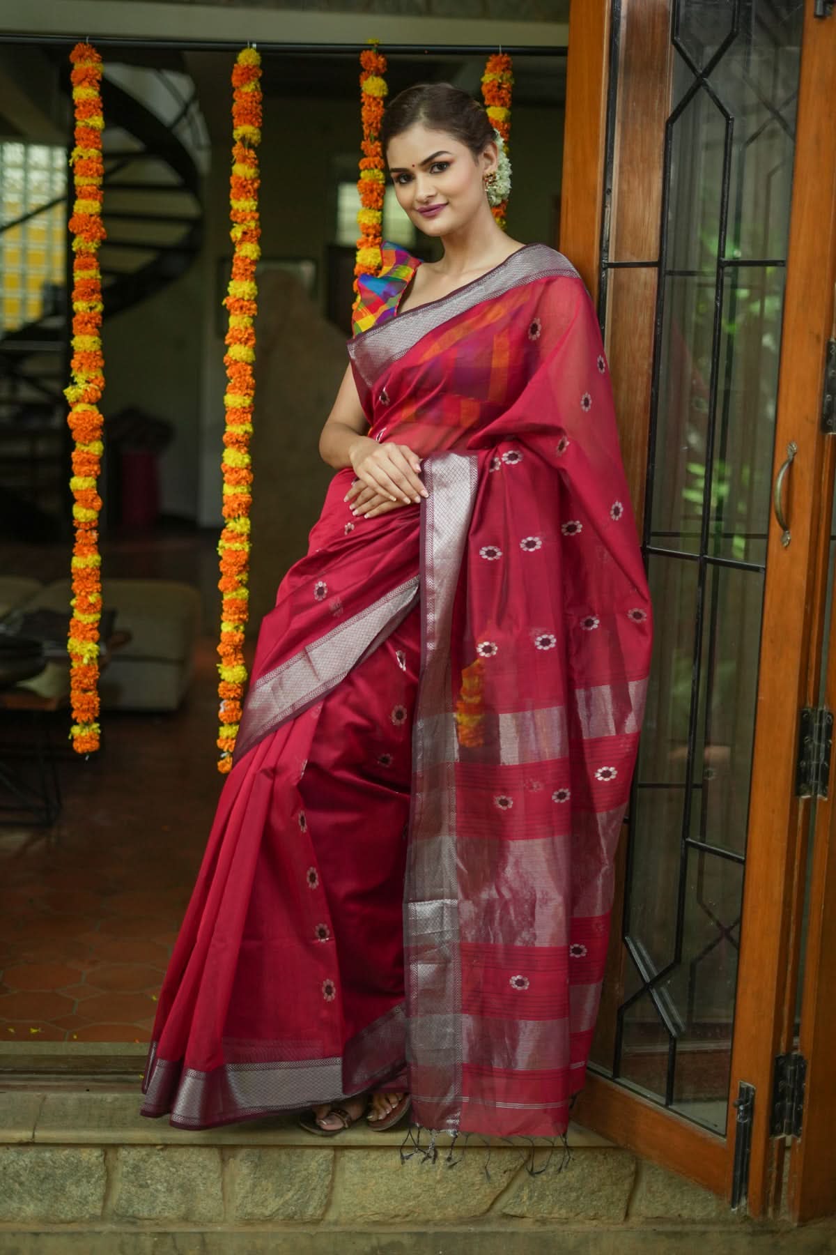 Exquisite Meenakari Handwoven Maheshwari Silk Cotton Saree in Red with meenakari buttas | Shobitam