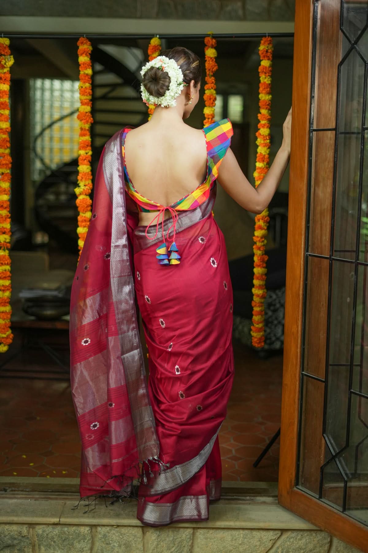 Exquisite Meenakari Handwoven Maheshwari Silk Cotton Saree in Red with meenakari buttas | Shobitam