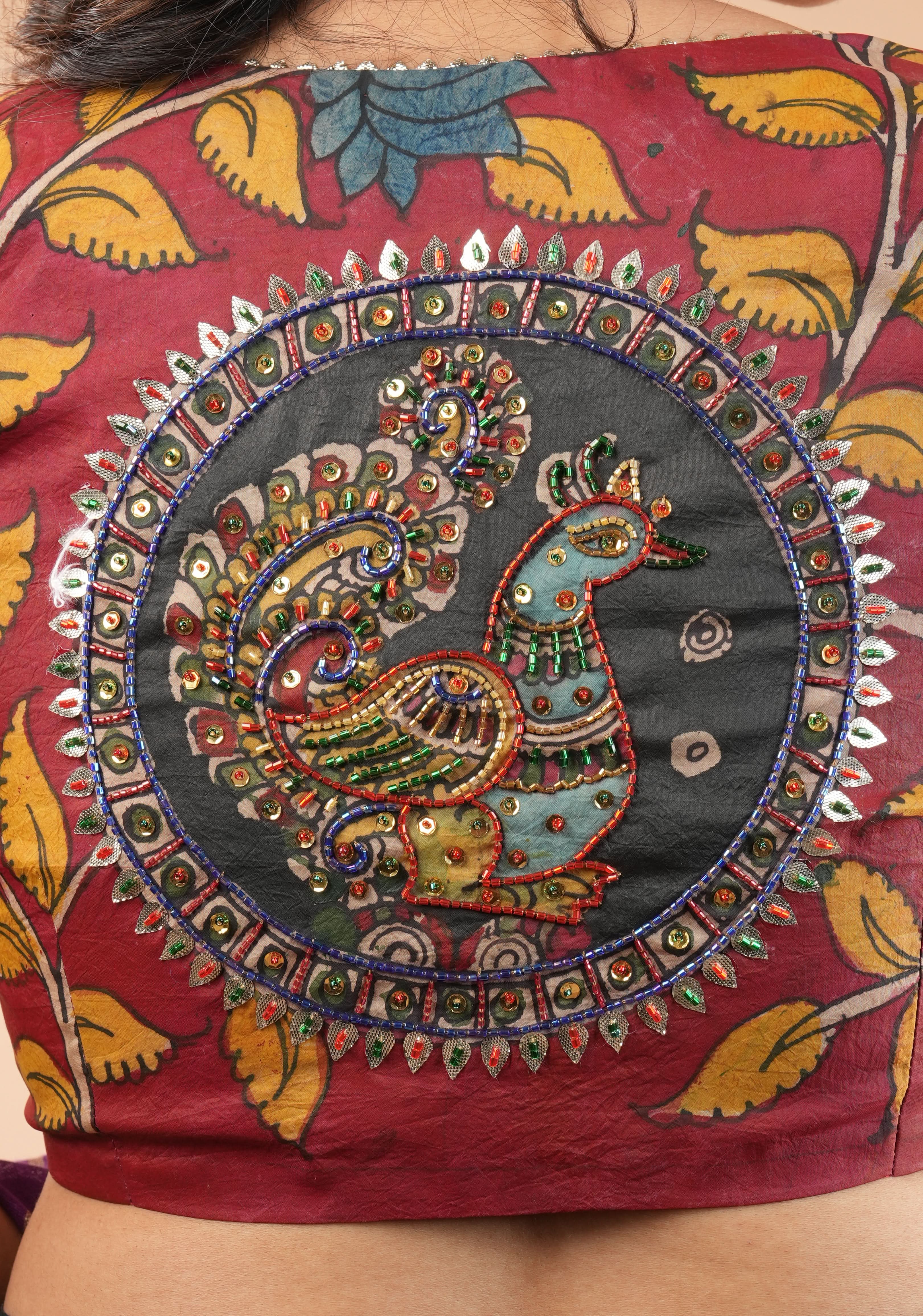 Red Kalamkari blouse with peacock designs, and cutdana, gotta and sequins handwork | Shobitam