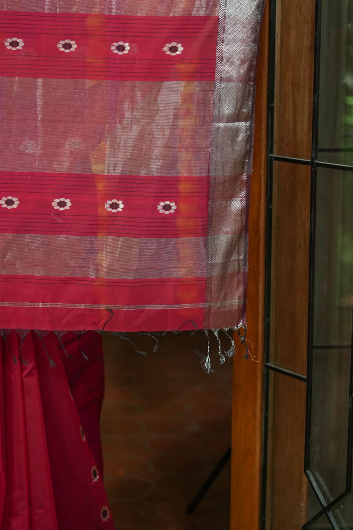 Exquisite Meenakari Handwoven Maheshwari Silk Cotton Saree in Red with meenakari buttas | Shobitam