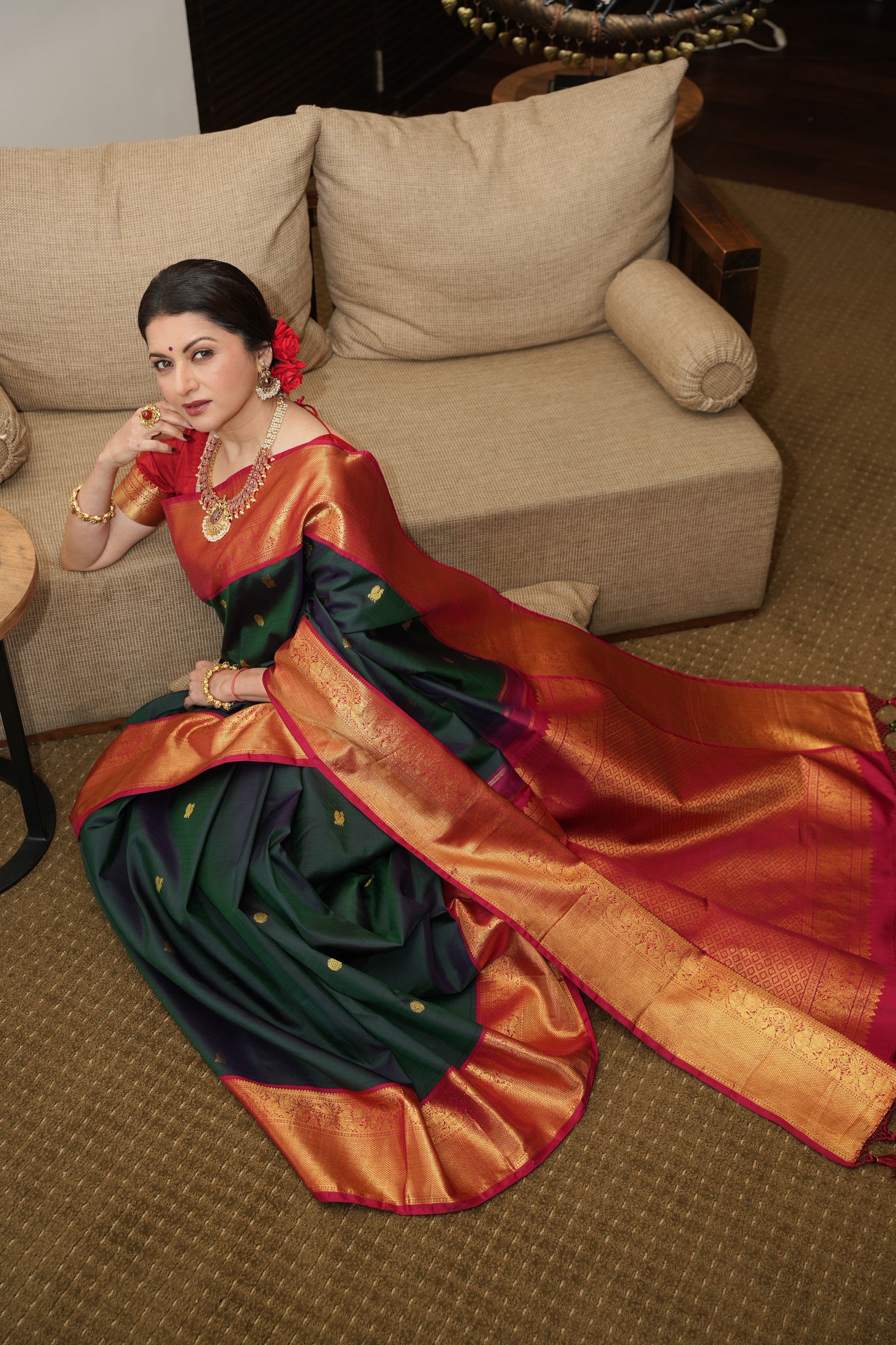Stunning Bottle Green Dual Tone Pure Kanjivaram Silk Saree with Zari Buttas and Contrast Pink Zari Border | SILK MARK CERTIFIED | SHOBITAM