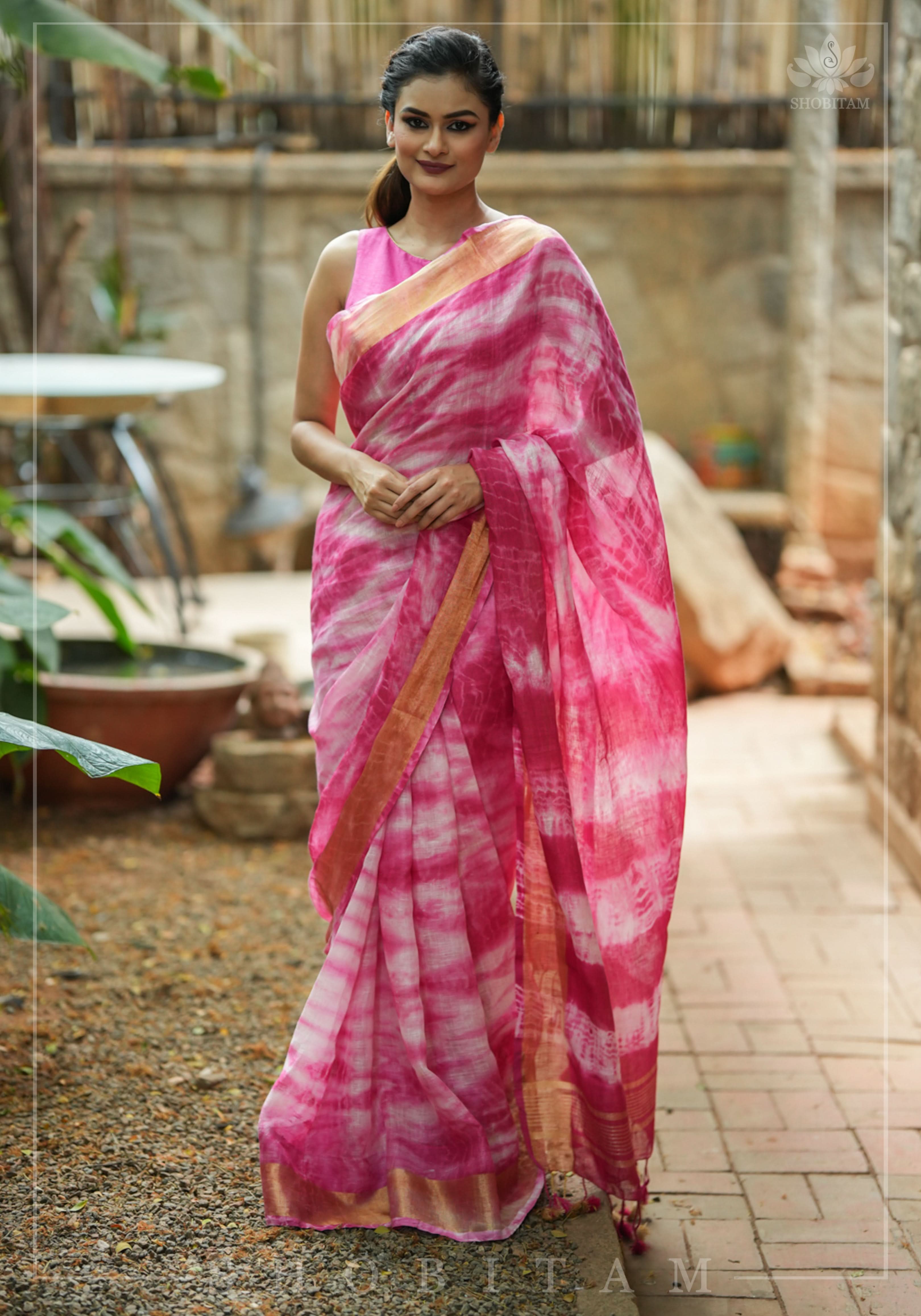 Handmade Shibori Dye Pure Linen by Linen Saree in Amaranth Pink and White with long tassels | Shobitam