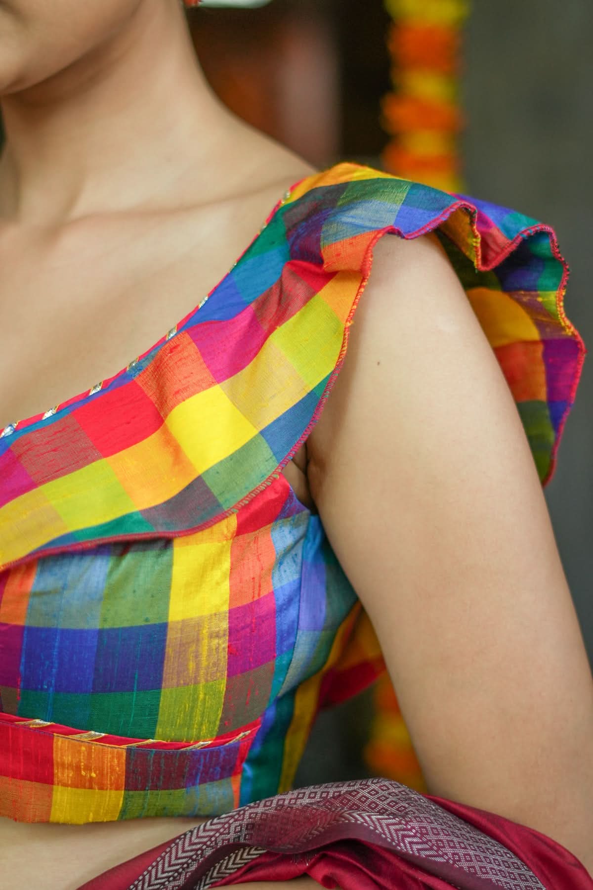 Multicolor checked Pure rawsilk deep V Neck blouse | Shobitam