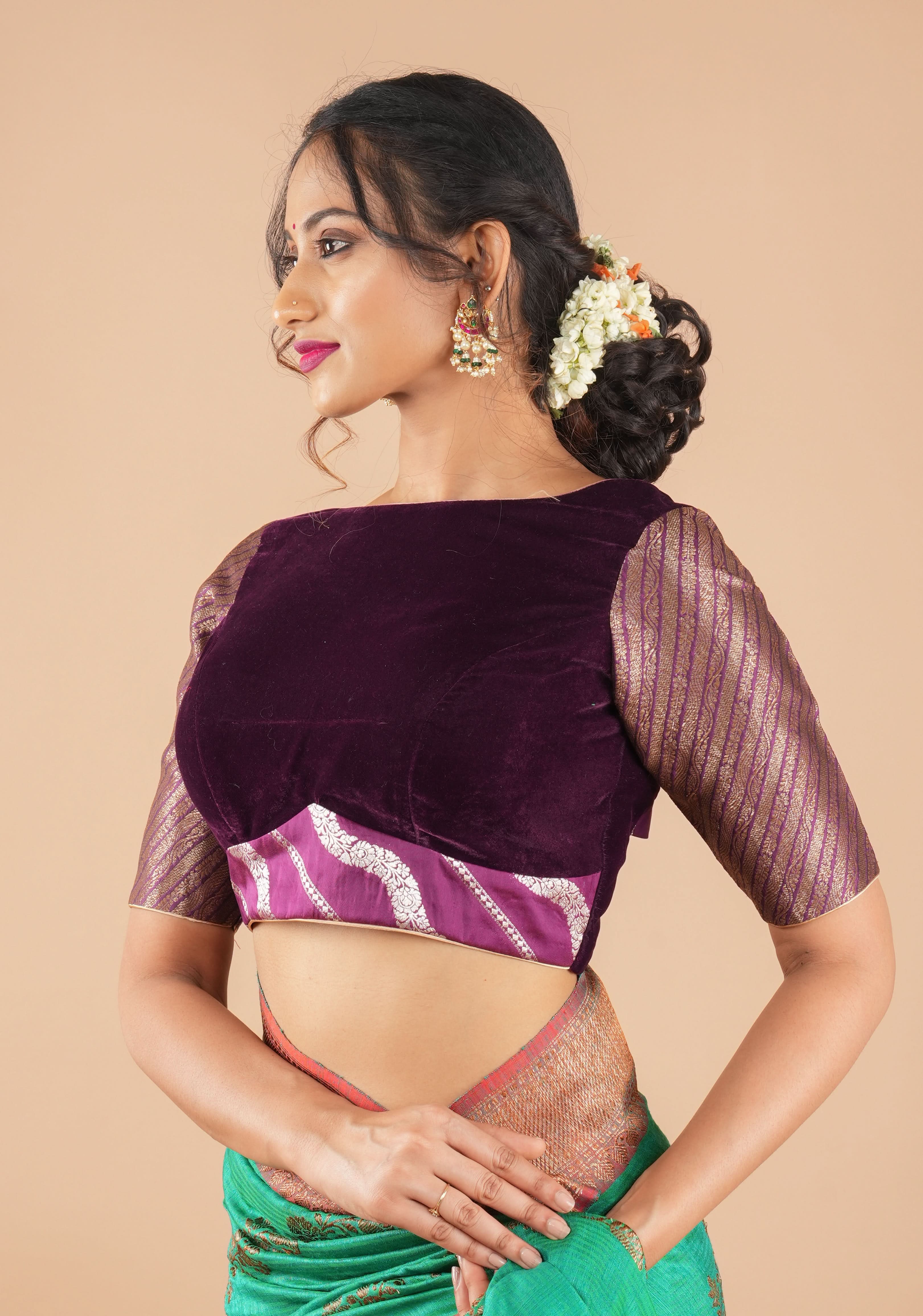 Plum Velvet and Brocade blouse with Boat neck and double tie up tassel at the back | Shobitam