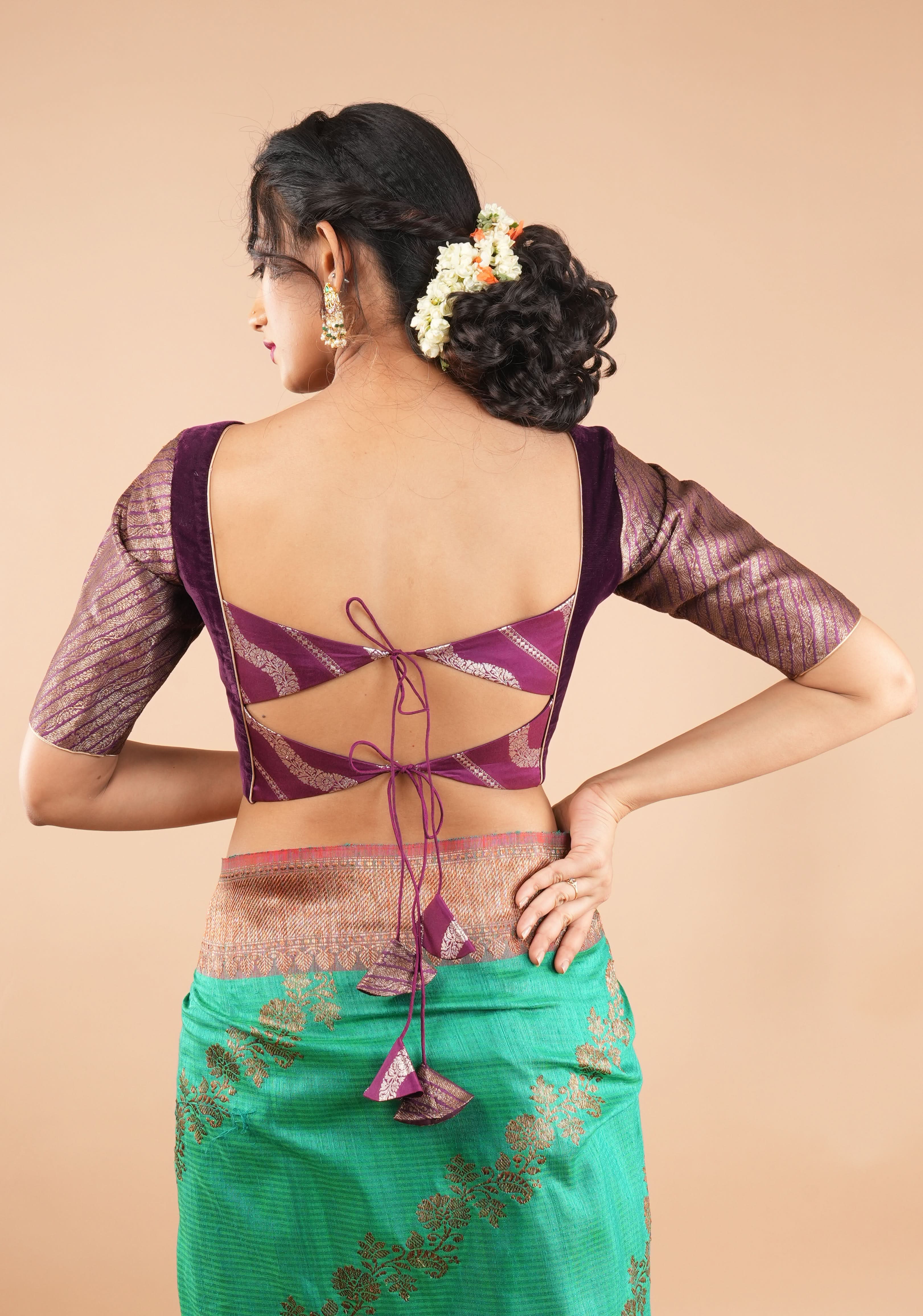 Plum Velvet and Brocade blouse with Boat neck and double tie up tassel at the back | Shobitam
