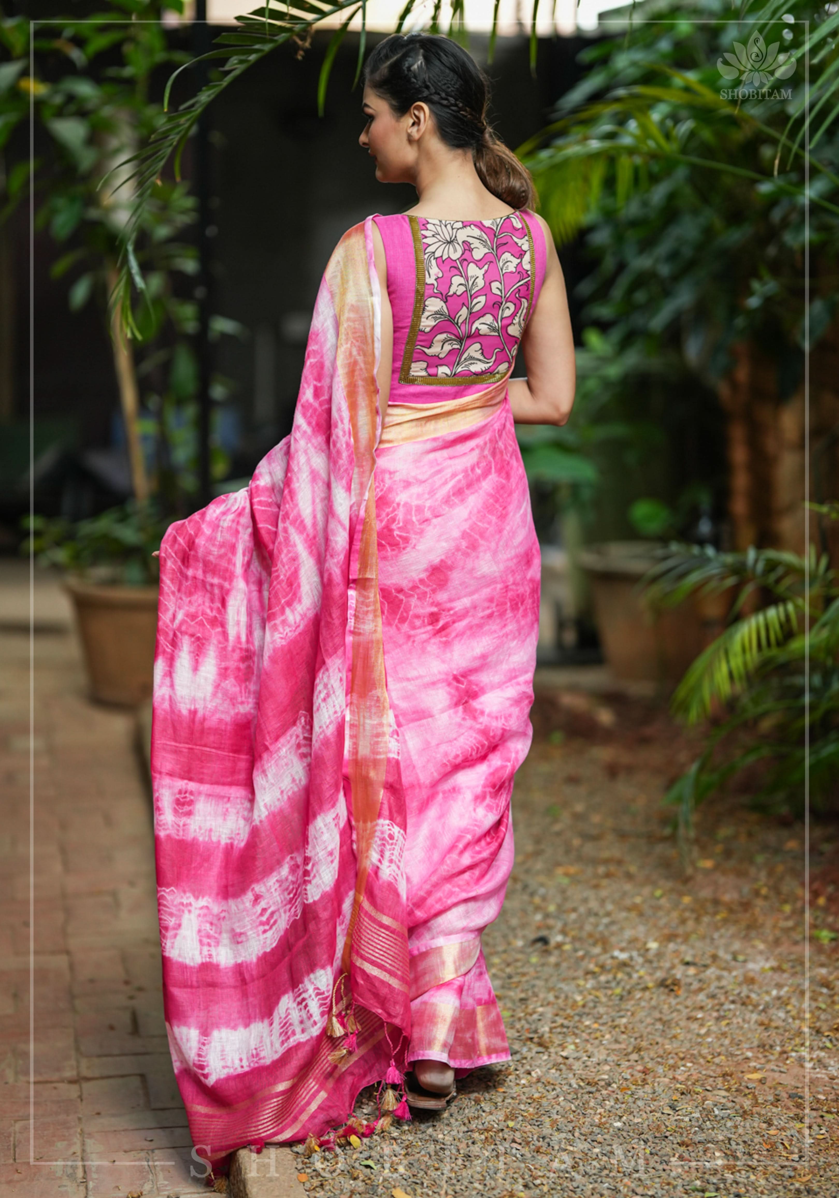 Handmade Shibori Dye Pure Linen by Linen Saree in Amaranth Pink and White with long tassels | Shobitam