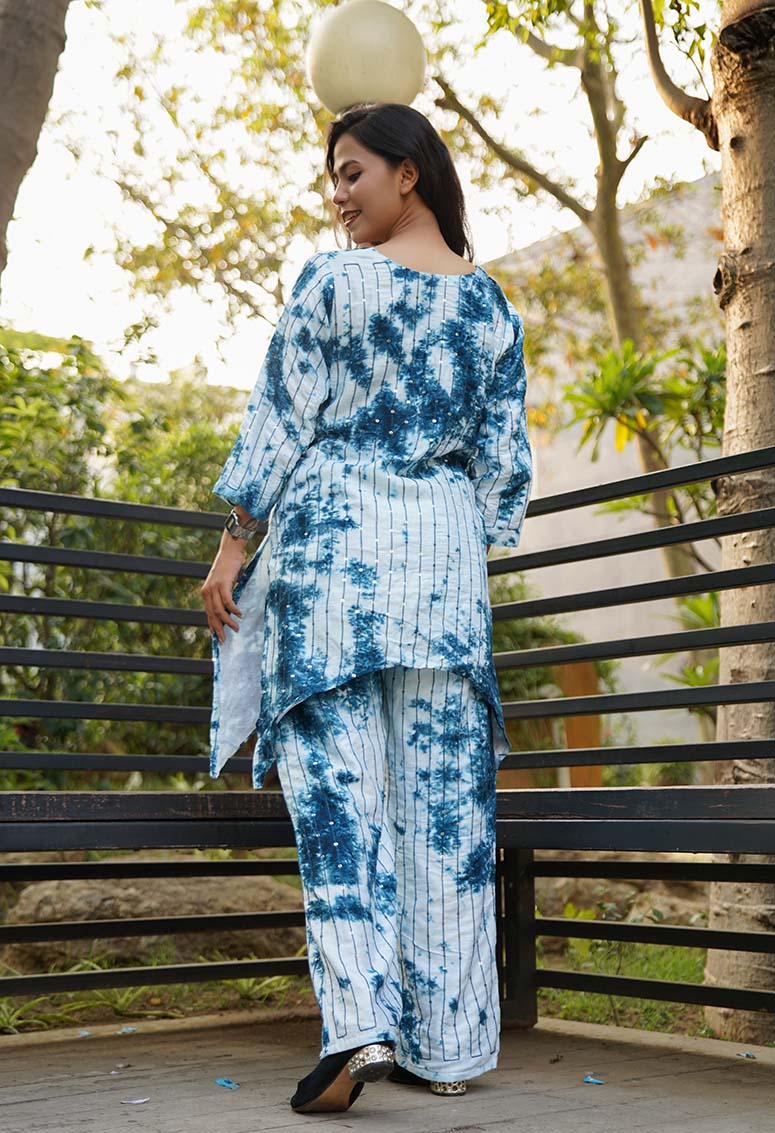 Summer Vibe Blue Shibori Dyed With Sequin Embellished Stylized Co-Ord set
