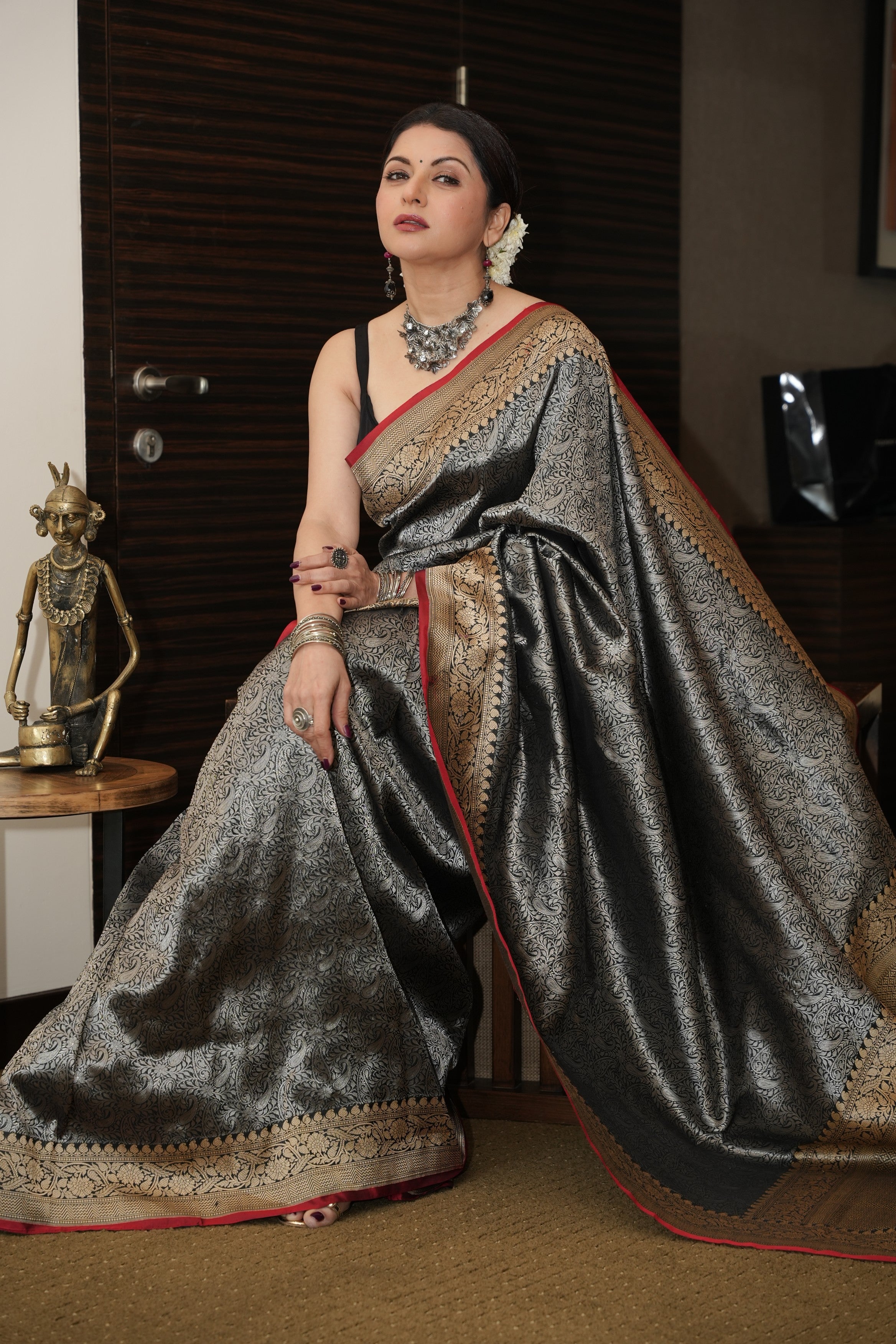 Unique Black Vasket weave on Banarasi Katan Silk Saree with Silver Paisley Zari Brocade and Zari Border | SILK MARK CERTIFIED | SHOBITAM