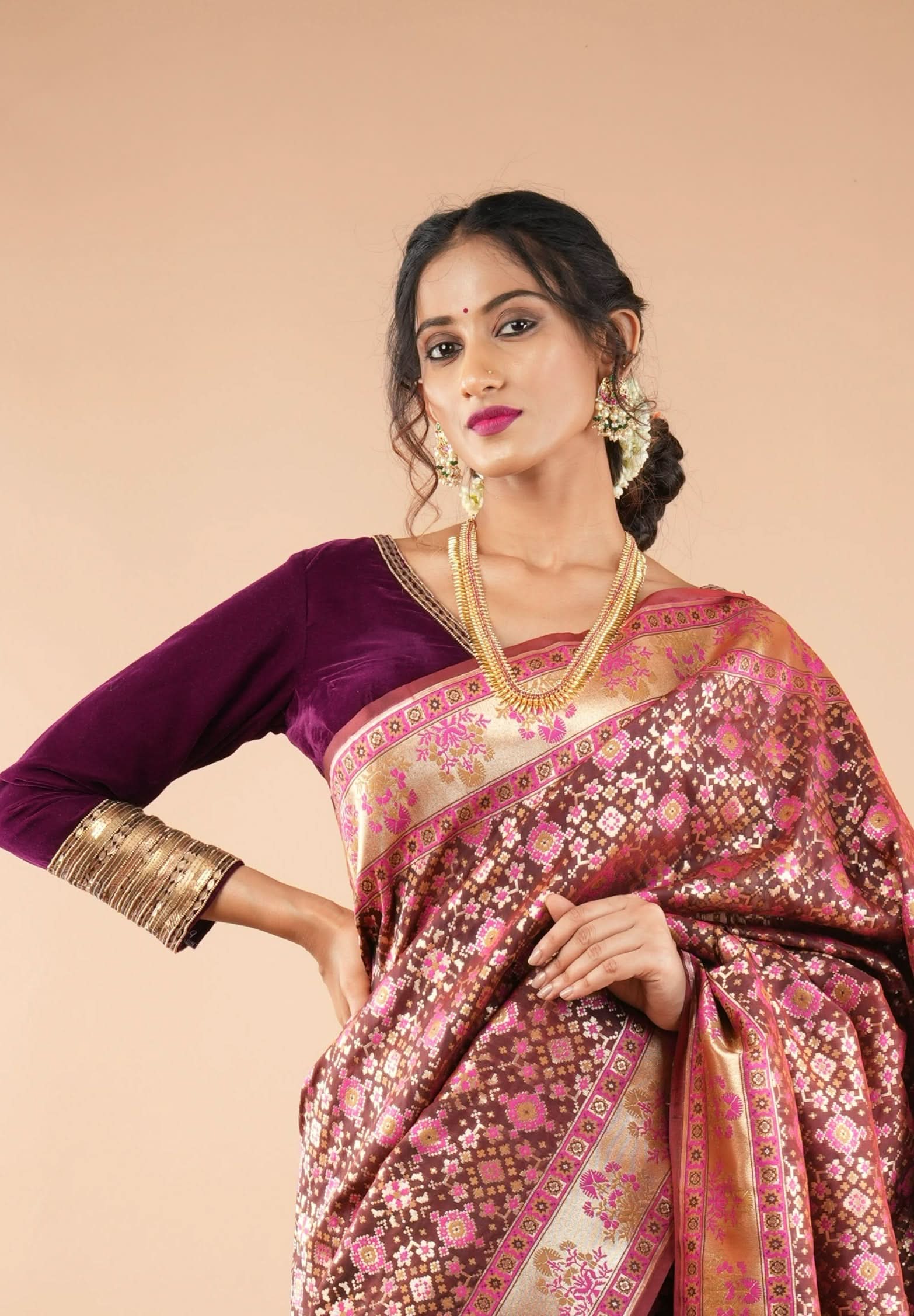 Burgundy Velvet Blouse with 3/4 sleeves and Matt Antique Sequins detailing | Shobitam