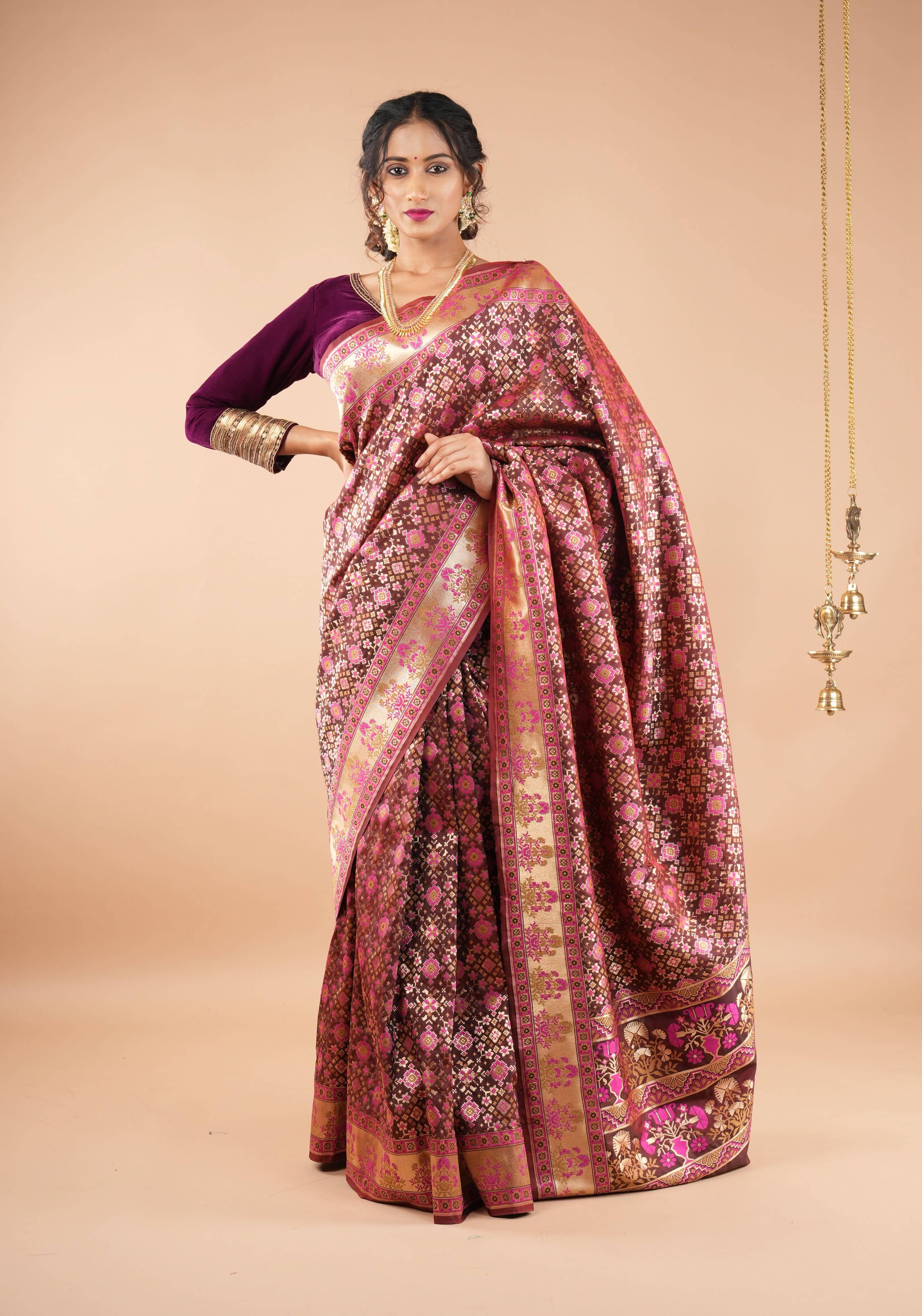 Exquisite Brown Semi Silk Saree with Patola Ikkat Meenakari Zari Border and Pallu | Shobitam
